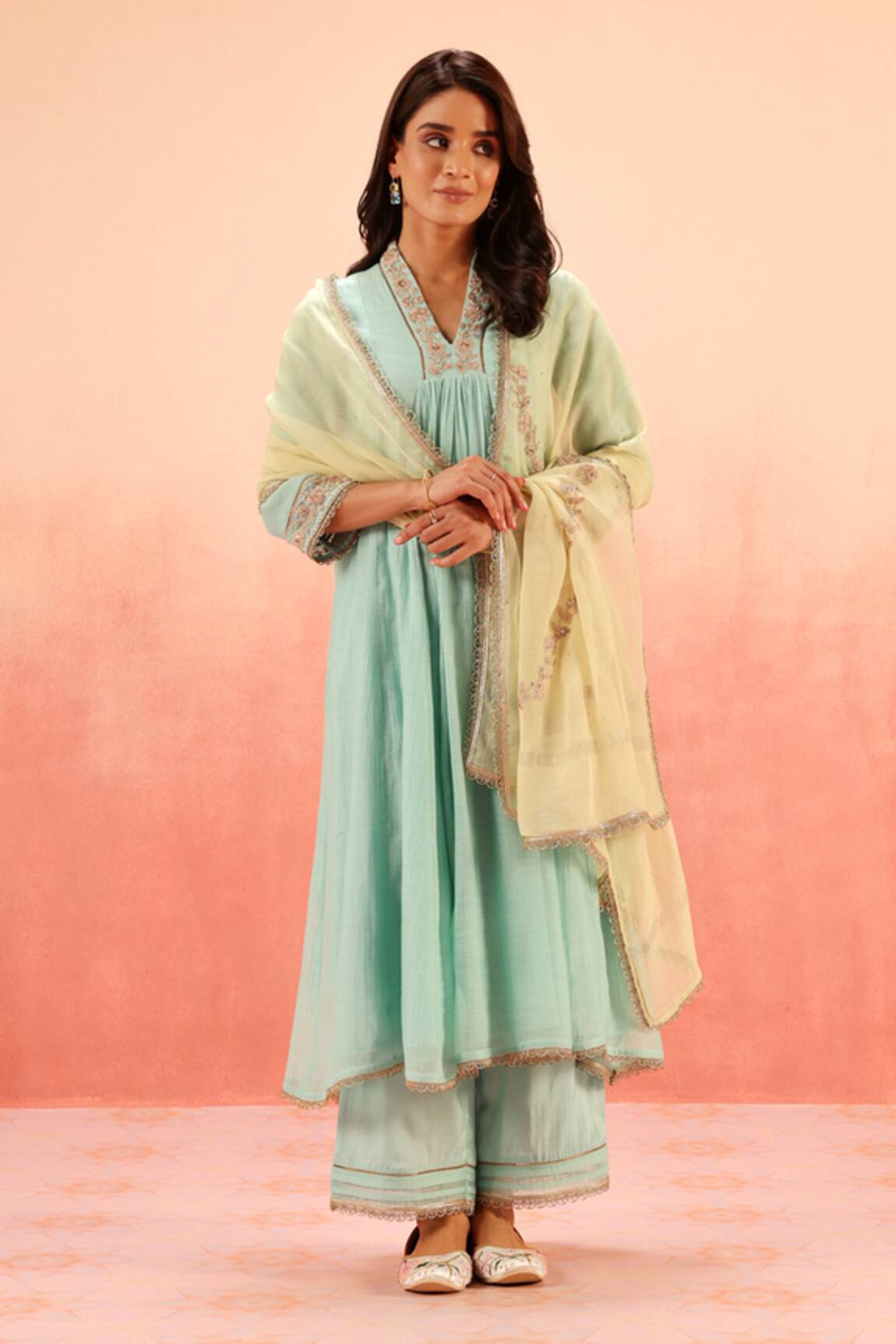 Dohr India Turquoise Embroidered Kurta Pant Set 
