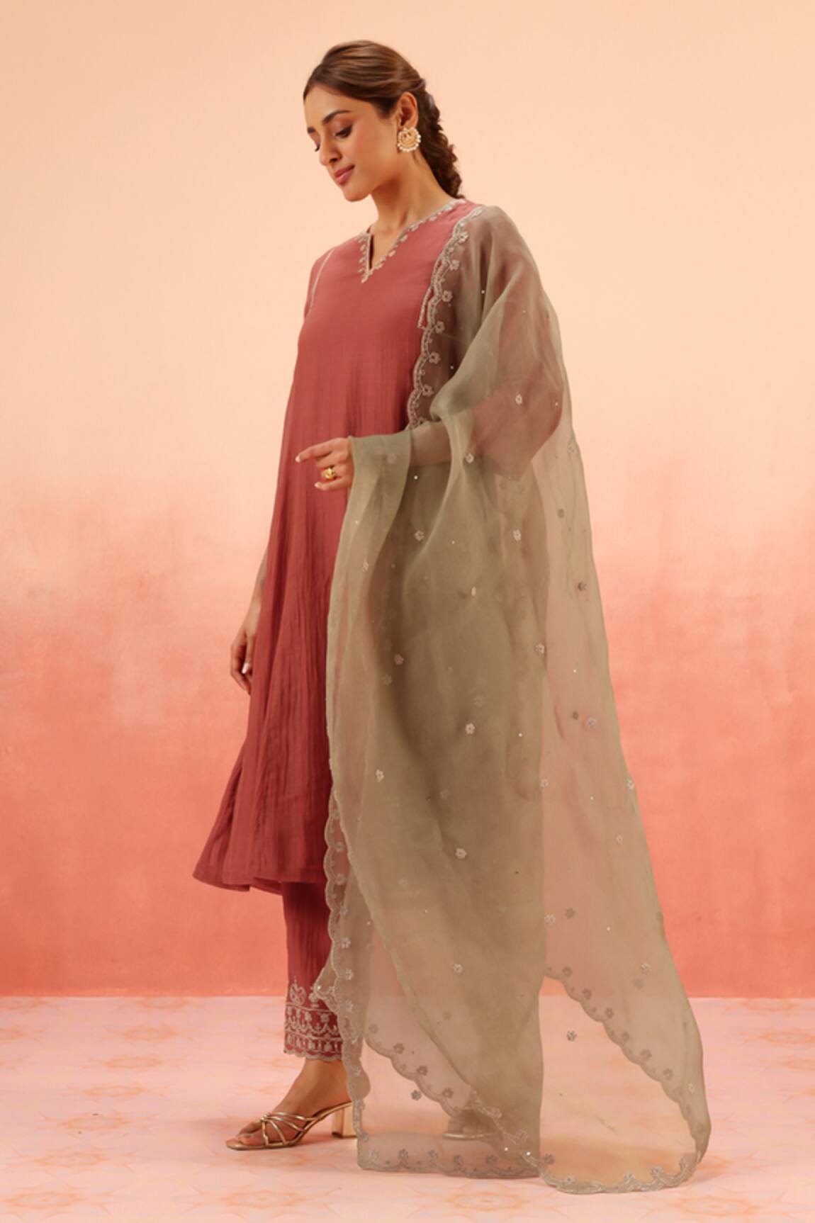 Dohr India Red Cotton Silk Kurta Pant Dupatta Set 