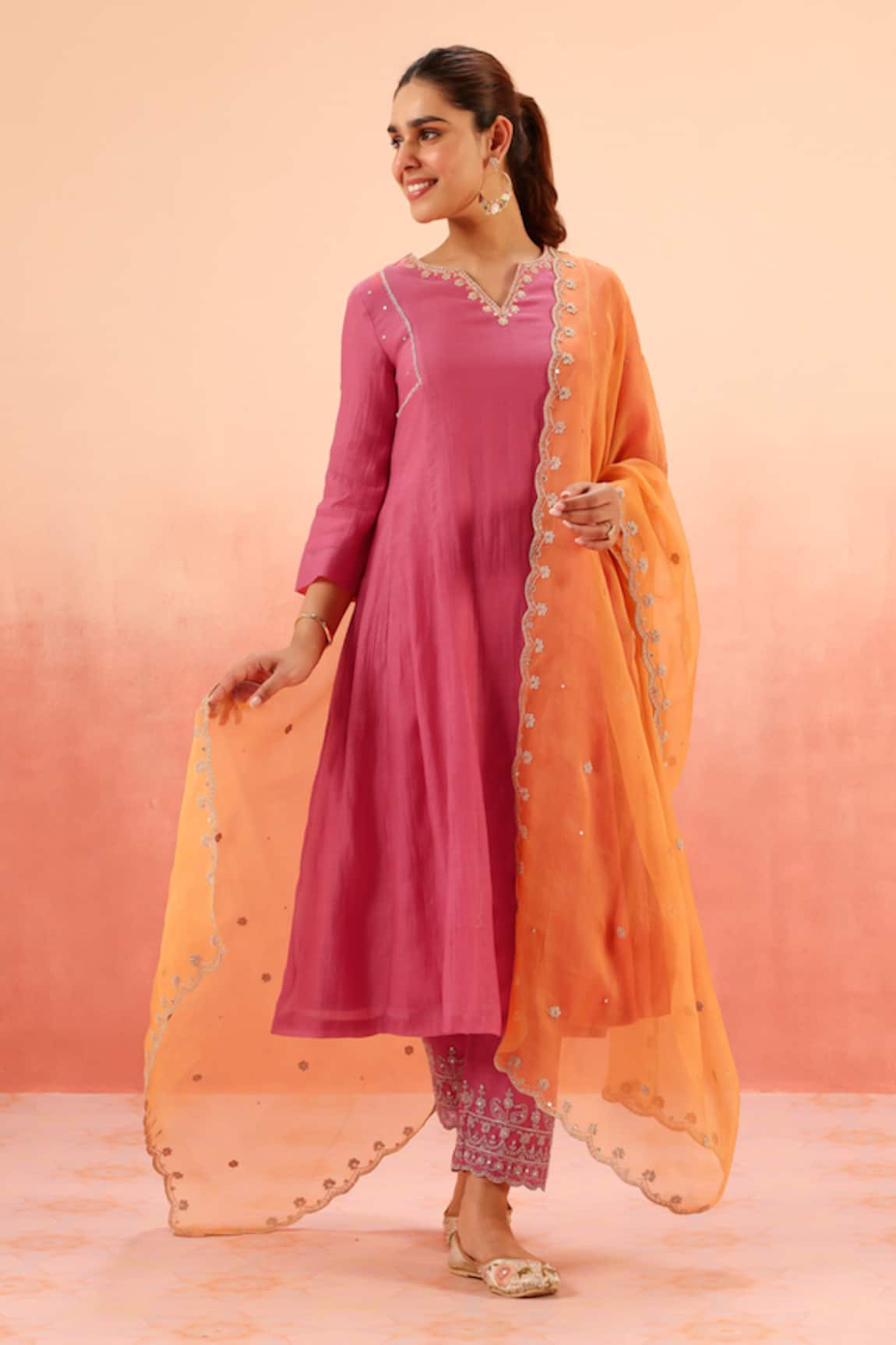 Dohr India Pink Cotton Silk Kurta Pant Dupatta Set 
