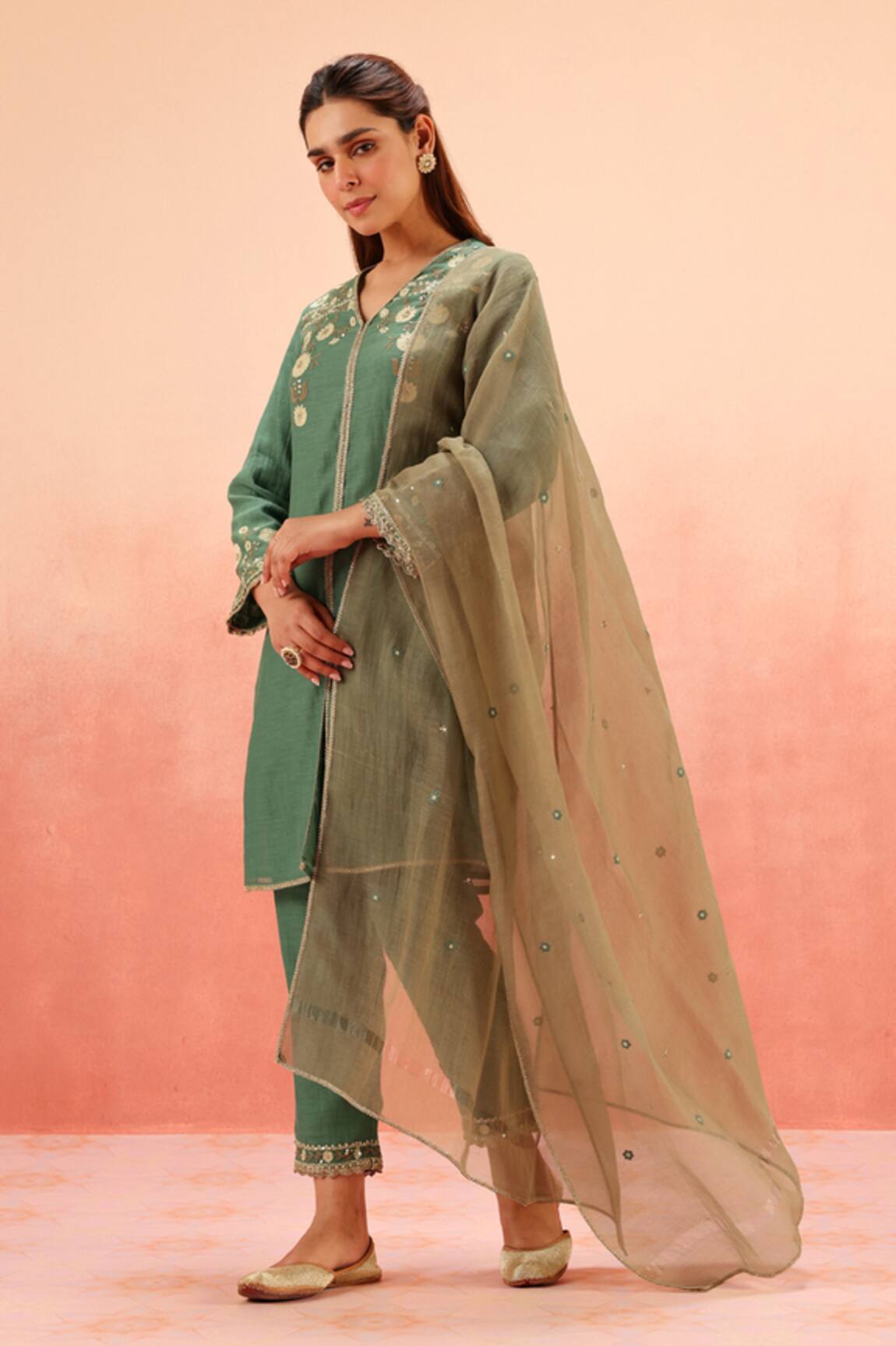 Dohr India Embroidered Green Kurta Pant Dupatta Set 