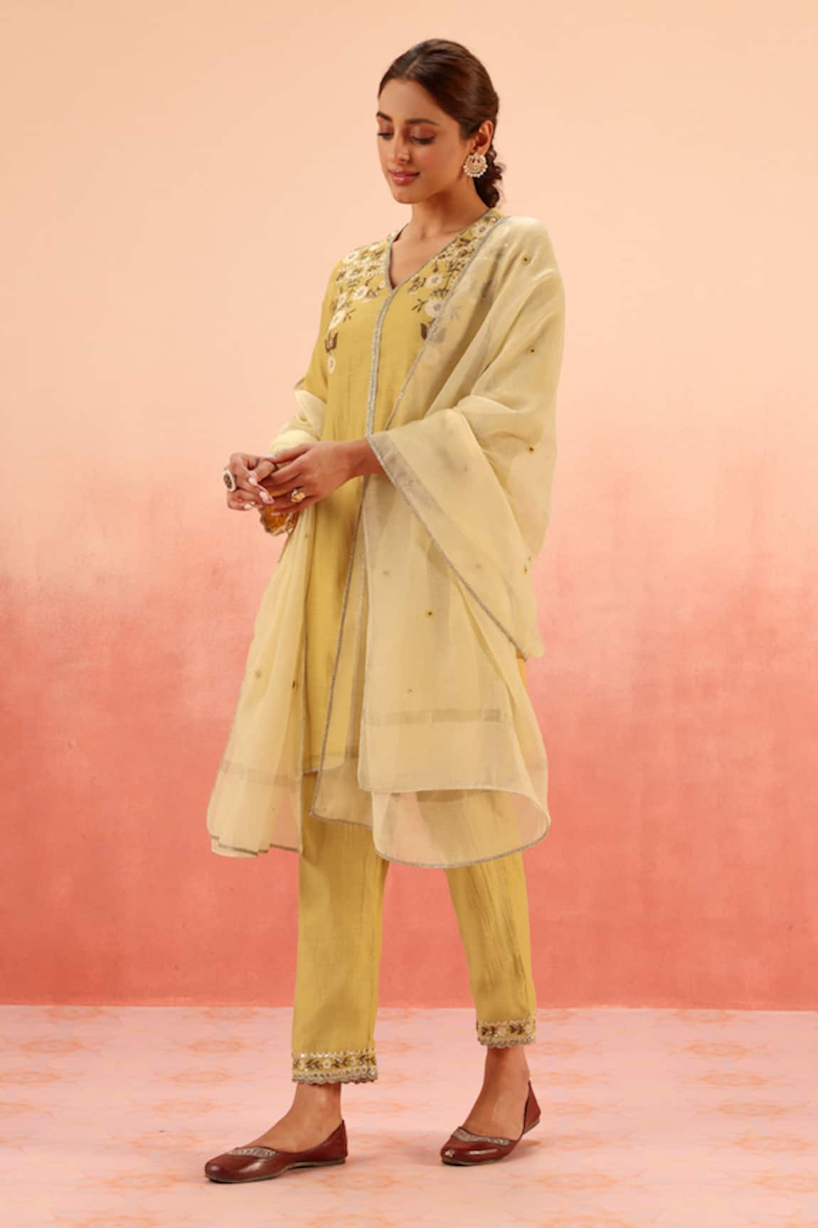 Dohr India Mustard Cotton Silk Kurta Pant Dupatta Set 