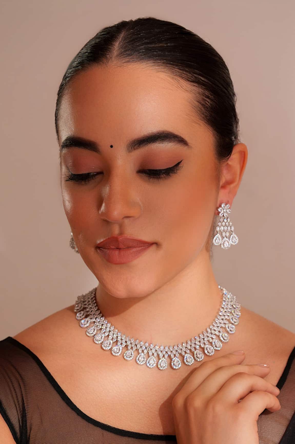ZEVAR BY GEETA Designer Faux Diamond Necklace & Earrings Set 
