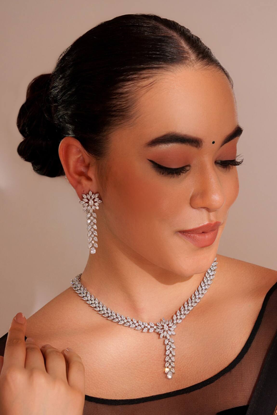 ZEVAR BY GEETA Designer Faux Diamond Necklace & Earrings Set 