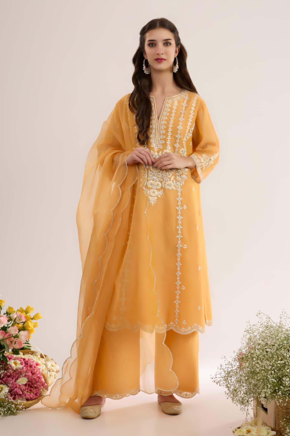 saina kapoor Peachy Orange Chanderi Kurta Pant Set 