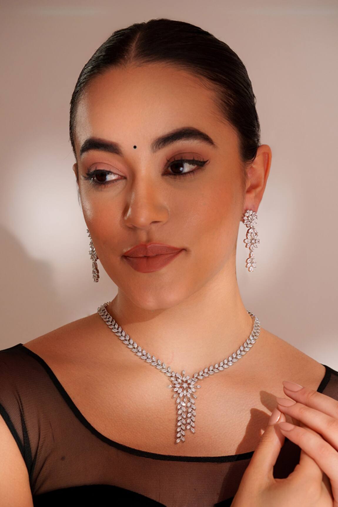 ZEVAR BY GEETA Designer Faux Diamond Necklace & Earrings Set 