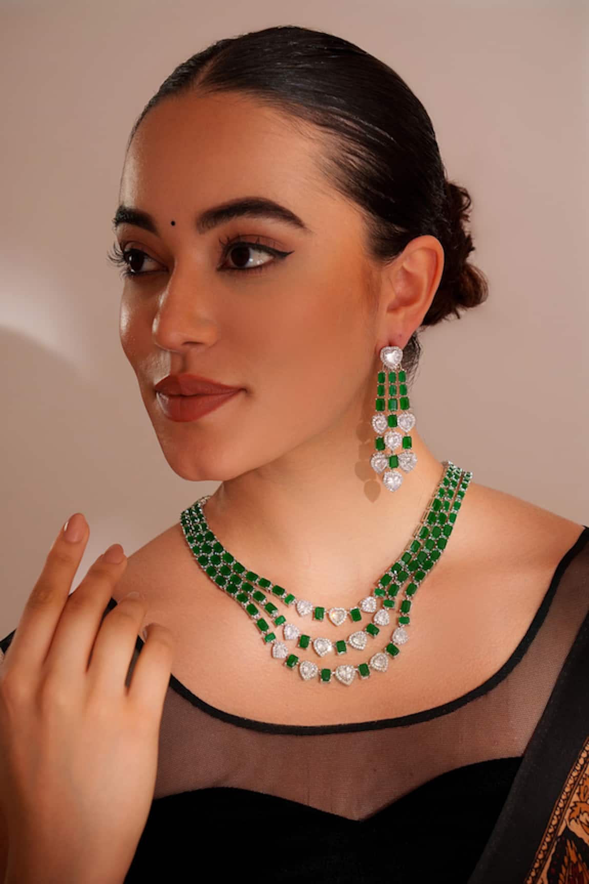 ZEVAR BY GEETA Designer Green Faux Diamond Jewellery Set 