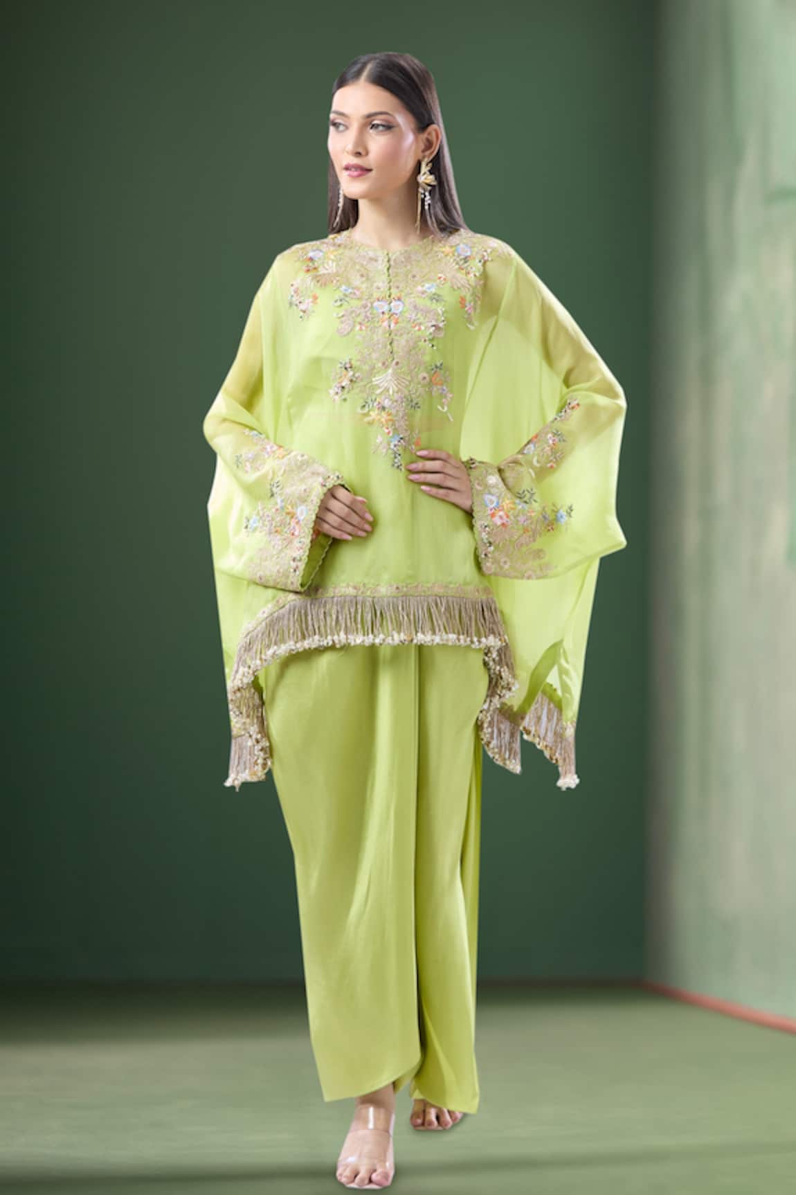 Anamika Khanna Floral Embroidered Cape Draped Skirt Set 