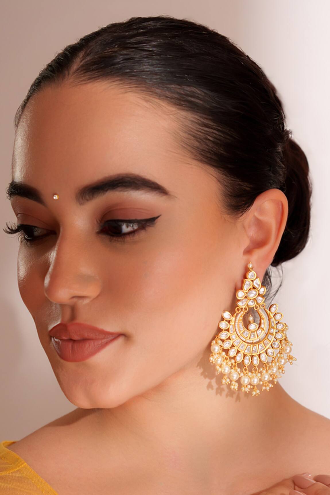 ZEVAR BY GEETA Kundan Polki Gold Finish Danglers 
