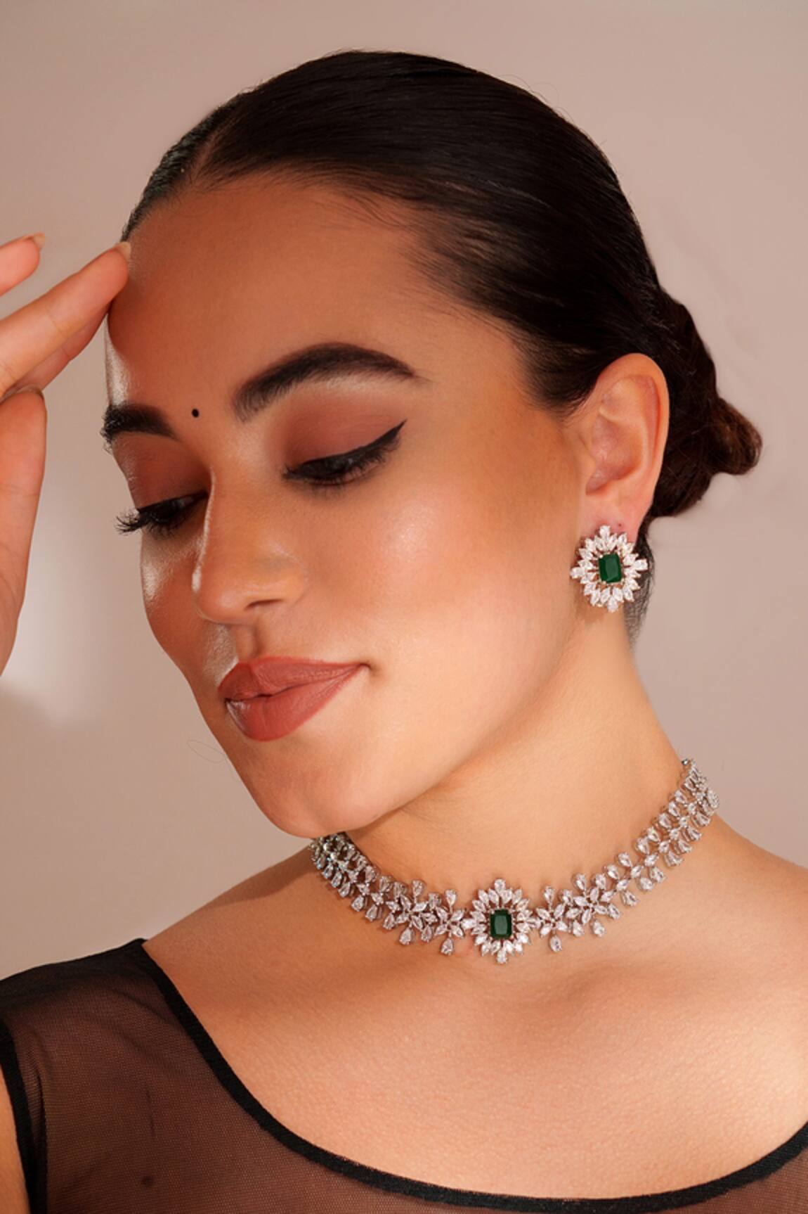 ZEVAR BY GEETA Designer Green Faux Diamond Jewellery Set 