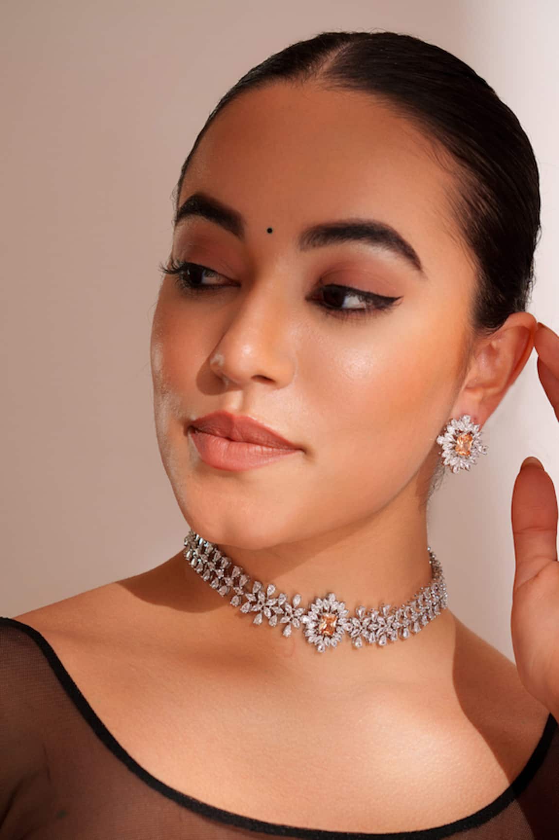 ZEVAR BY GEETA Peach Faux Diamond Jewellery Set 