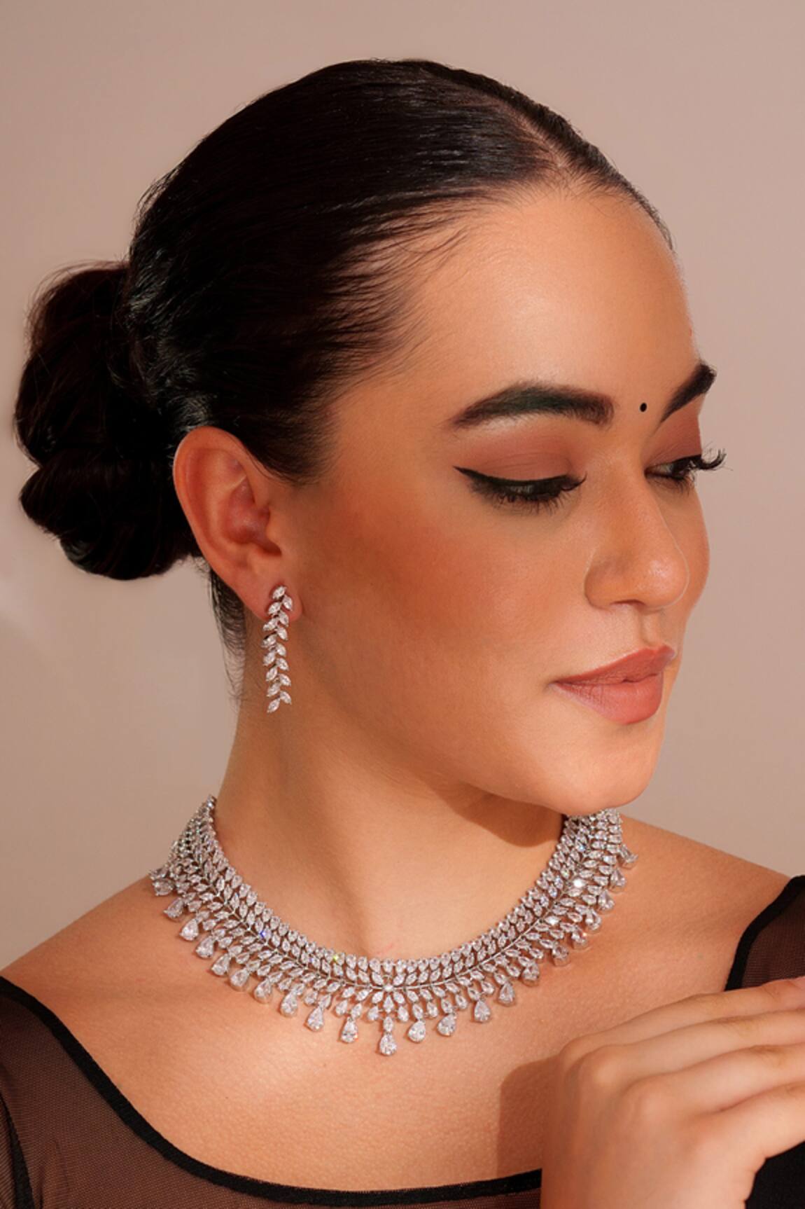ZEVAR BY GEETA Designer Faux Diamond Necklace & Earrings Set 