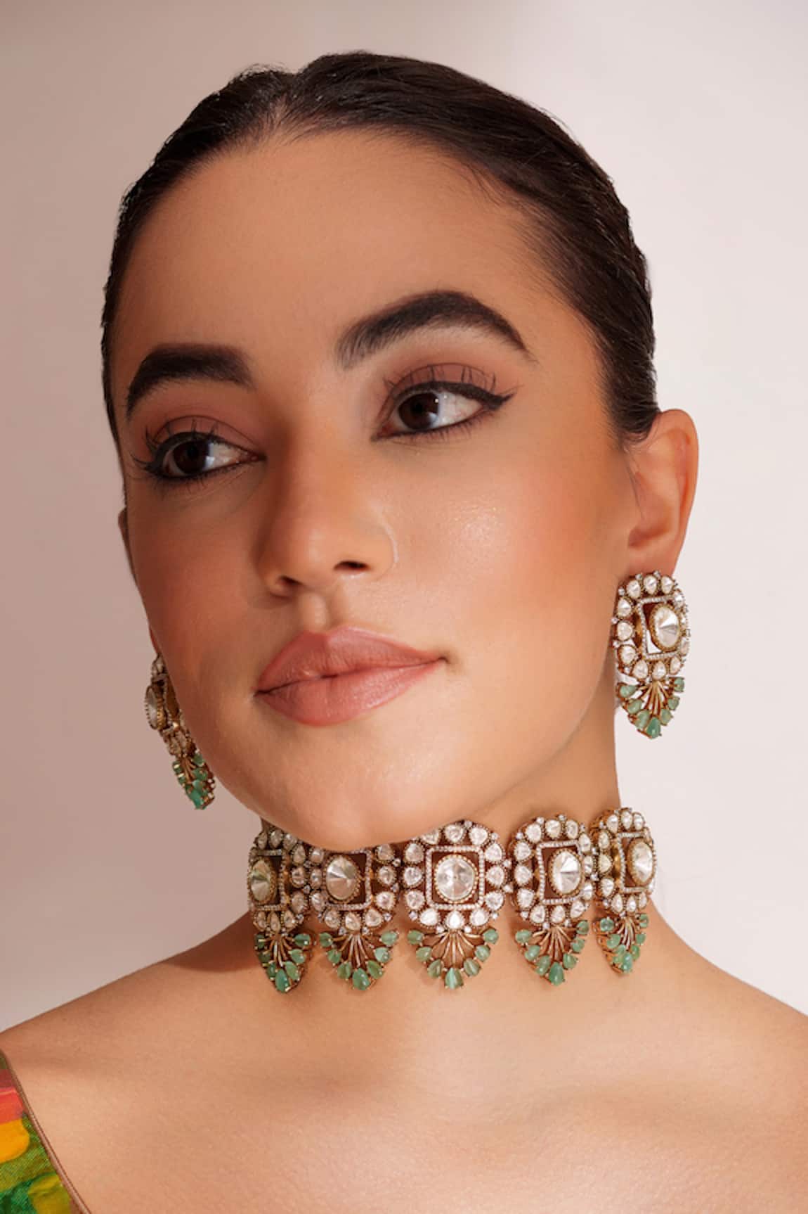 ZEVAR BY GEETA Aqua Kundan Polki Necklace & Earring Set 