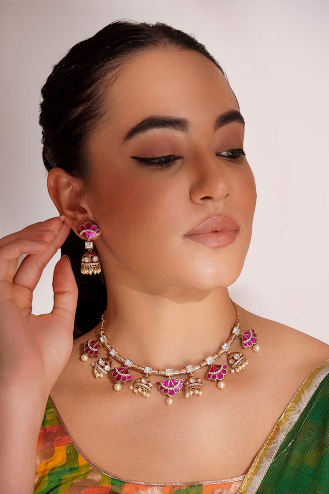 ZEVAR BY GEETA Kundan Polki Pink Necklace & Earring Set 