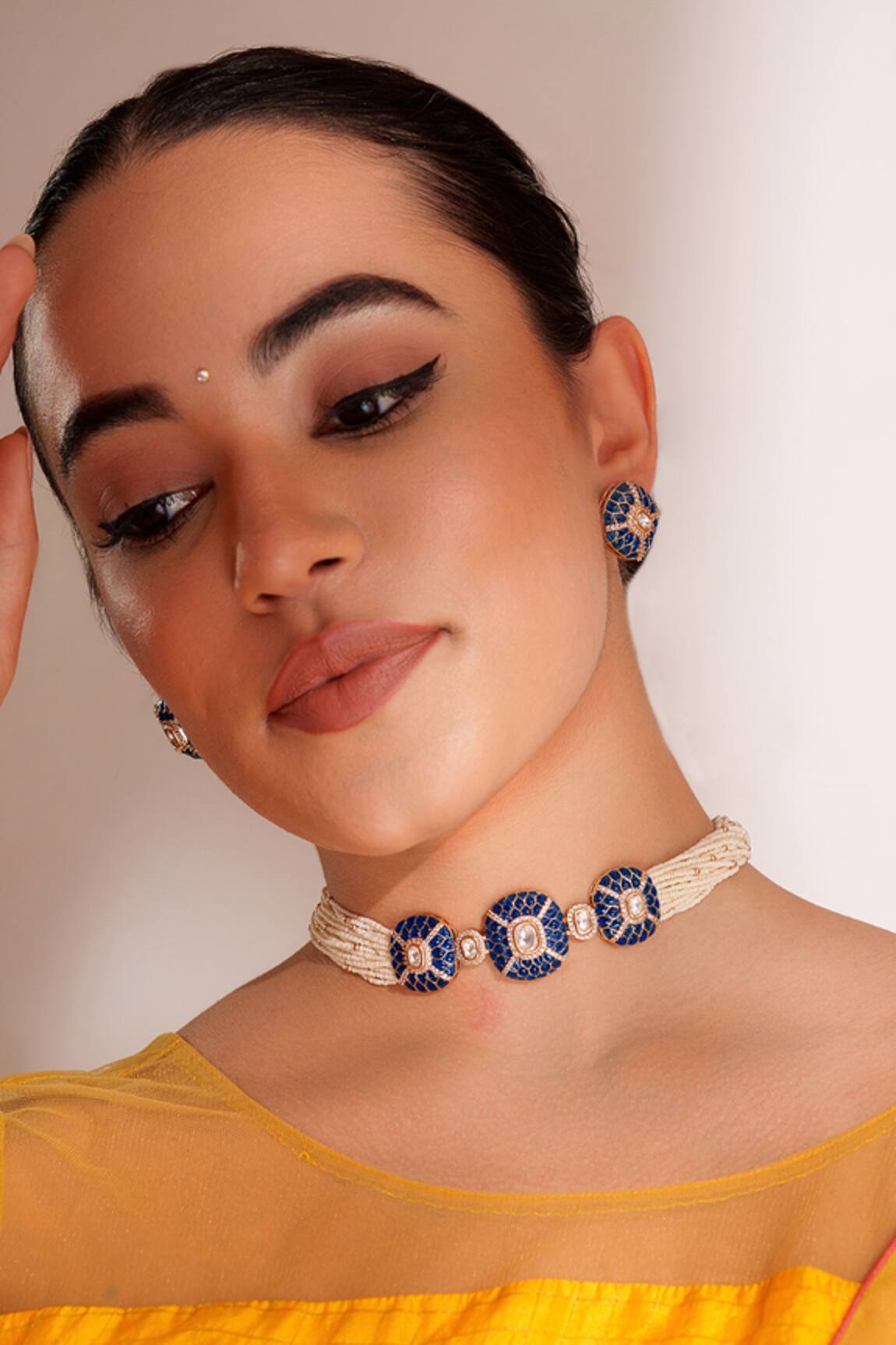 ZEVAR BY GEETA Kundan Polki Blue Necklace & Earring Set 