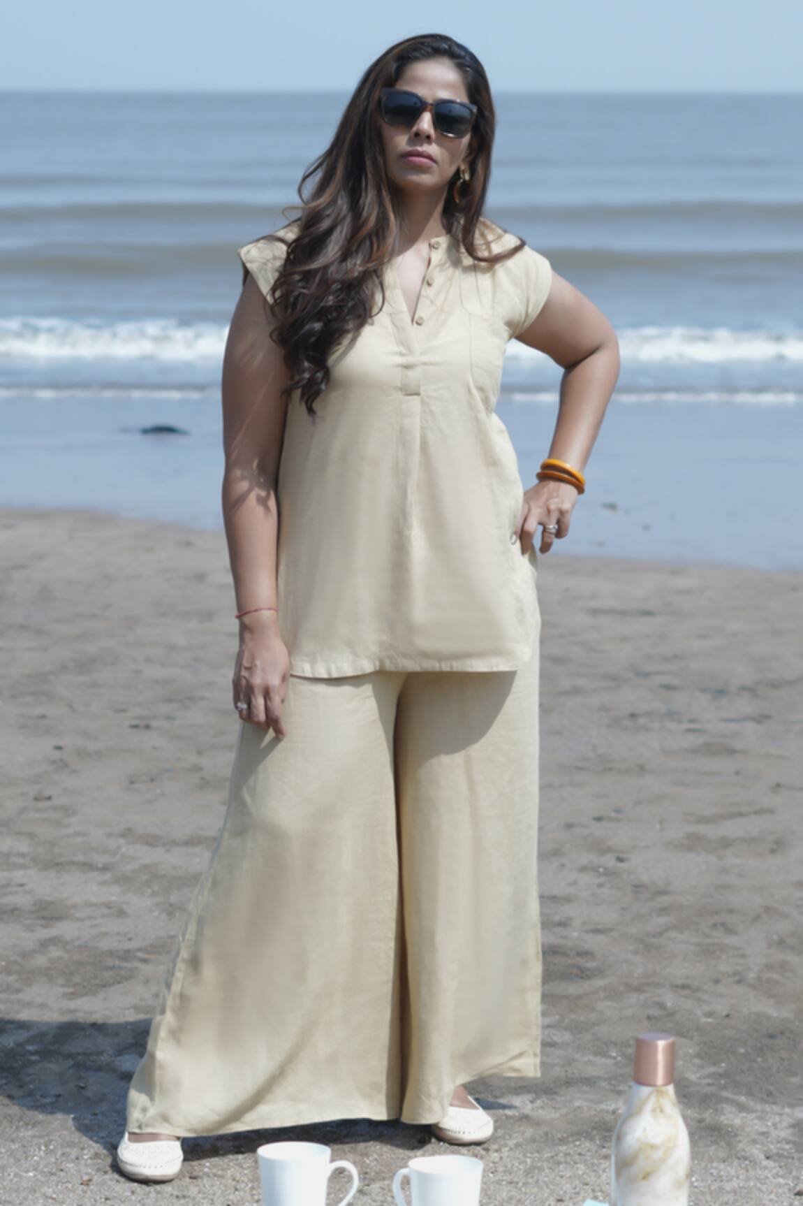 Gothilo Biscoff Linen Top & Palazzo Set 