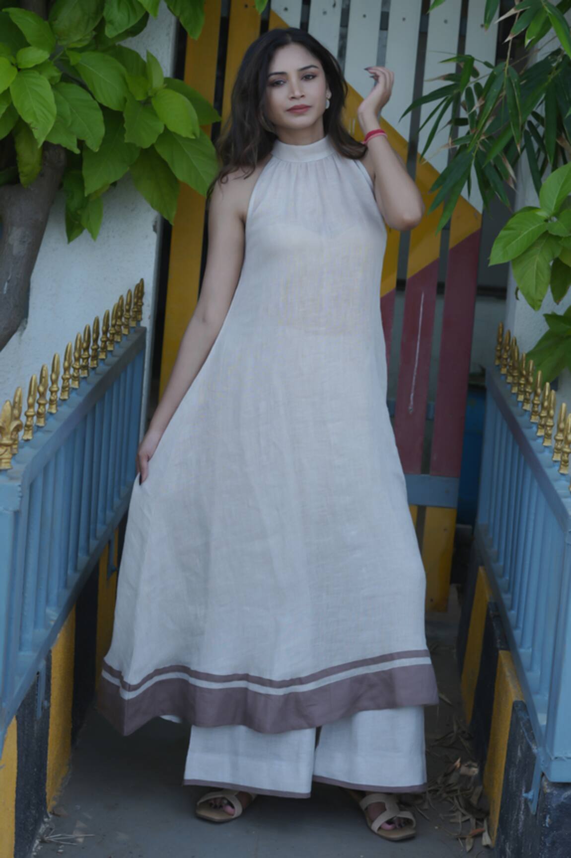 Gothilo Natural Linen Flared Kurta & Palazzo Set 