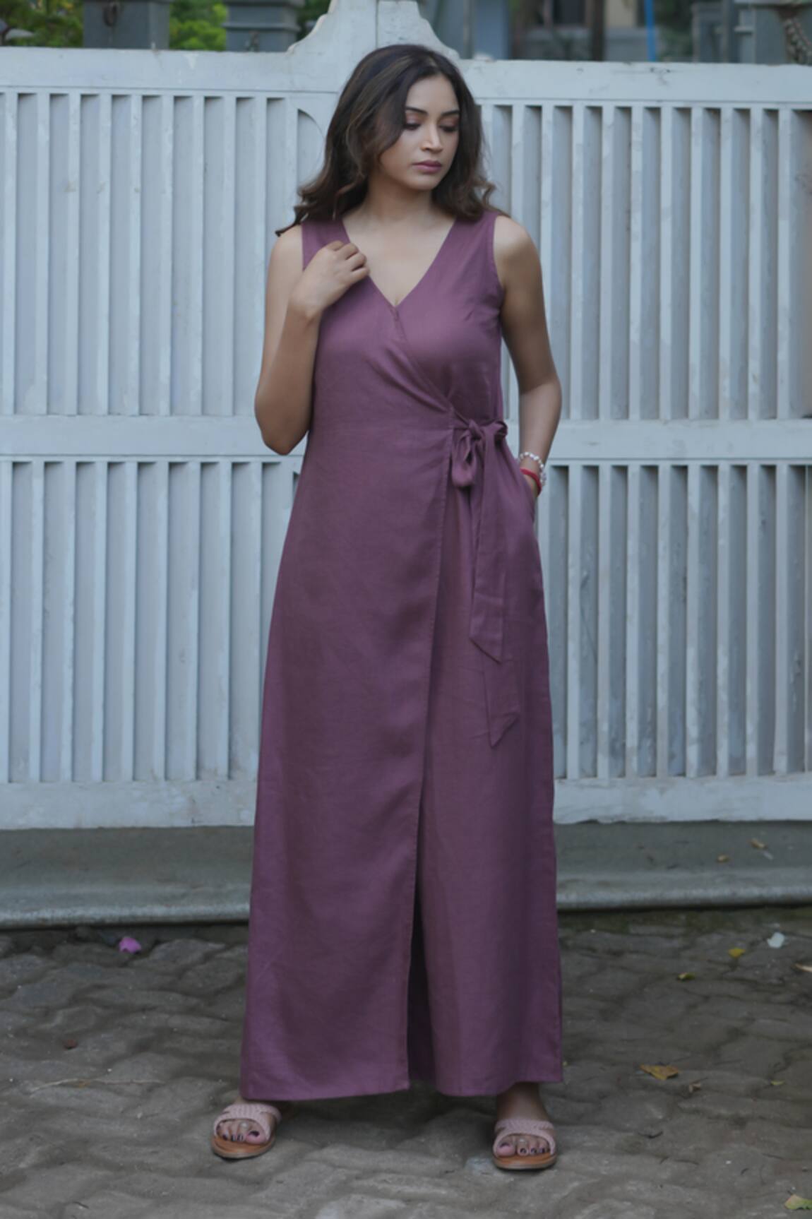 Gothilo Plum Linen Overlap Jumpsuit 