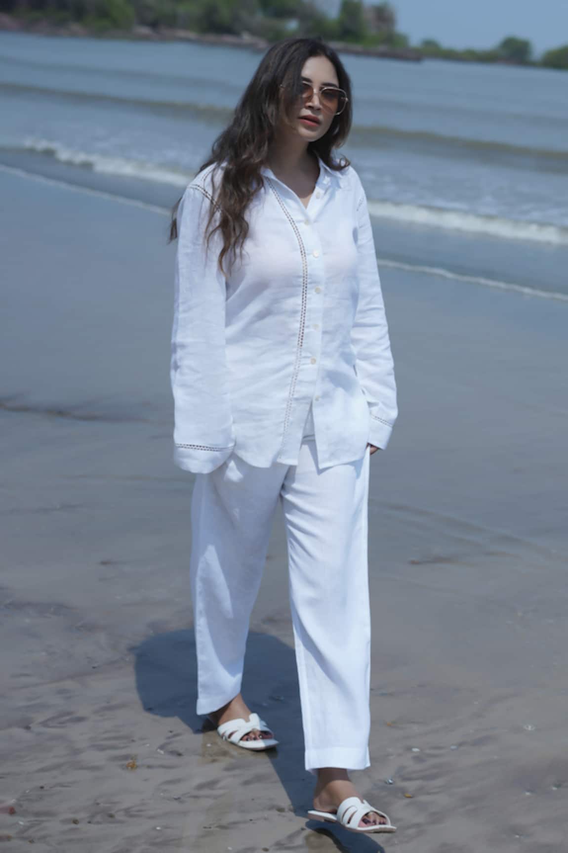 Gothilo Frost White Linen Shirt & Pant Loungewear Set 