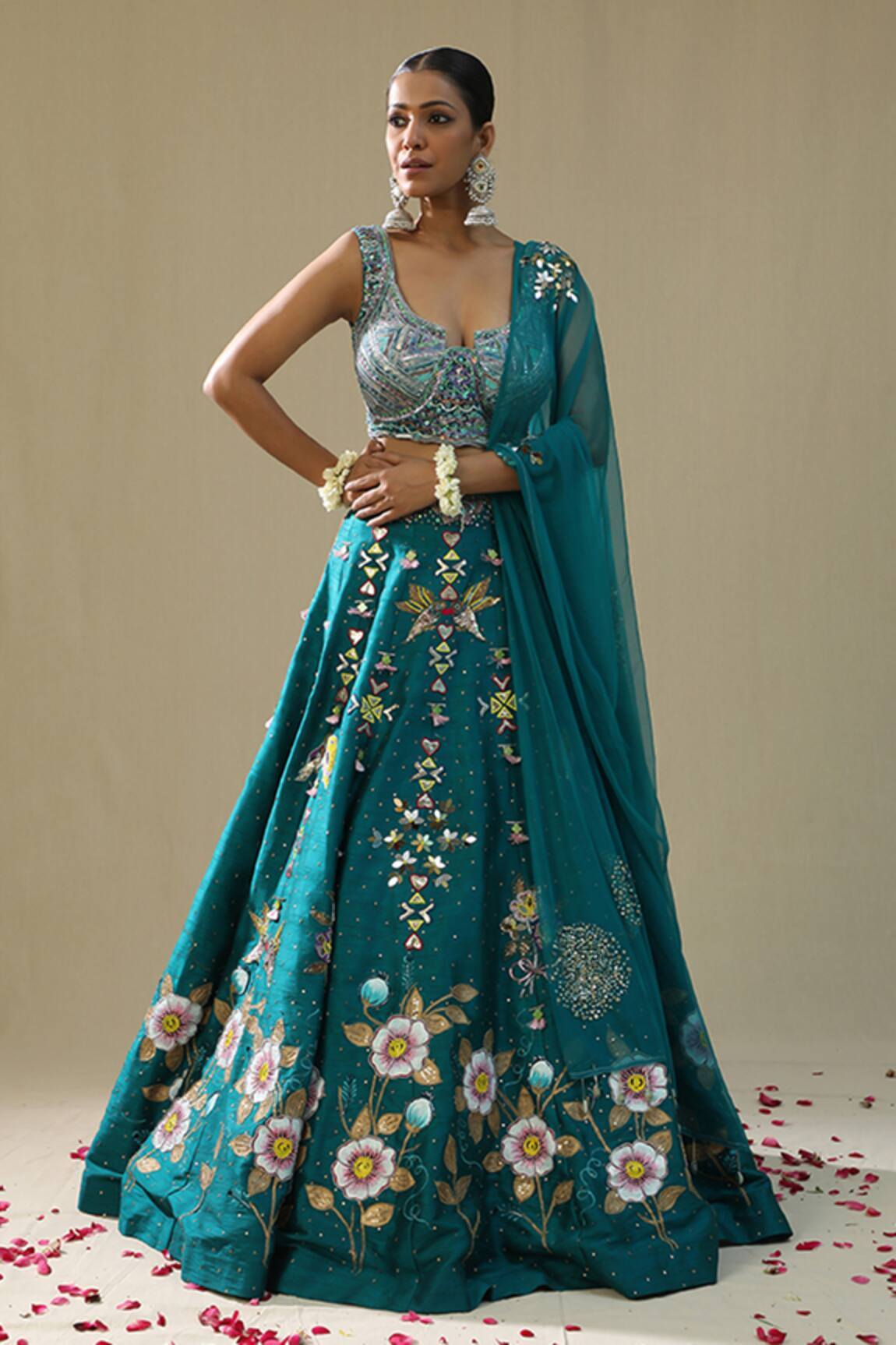 arpita sulakshana Teal Green Handpainted Lehenga Set 