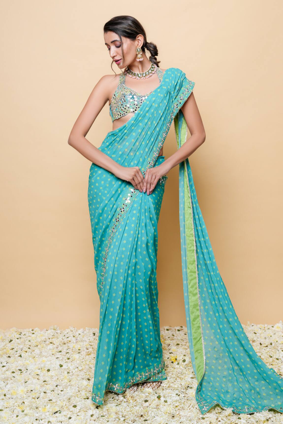 Sajeda A Lehry Hand Embroidered Pre-Draped Saree Set 