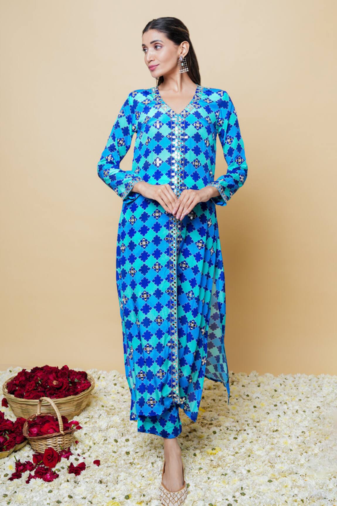 Sajeda A Lehry Digital Print Hand Embroidered Kurta Set 