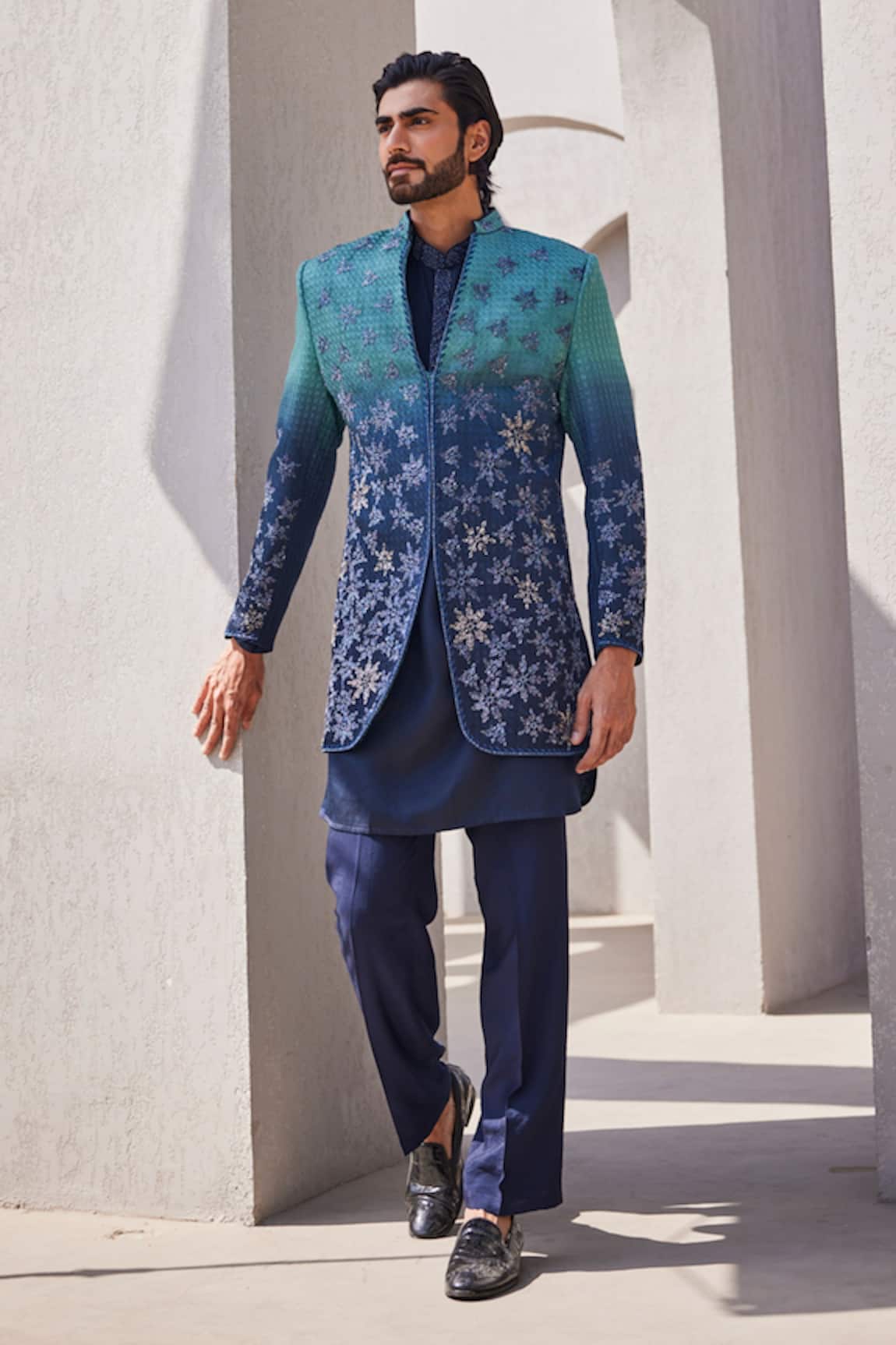 YAJY by Aditya Jain Ombre Blue Silk Indo-Western Set 