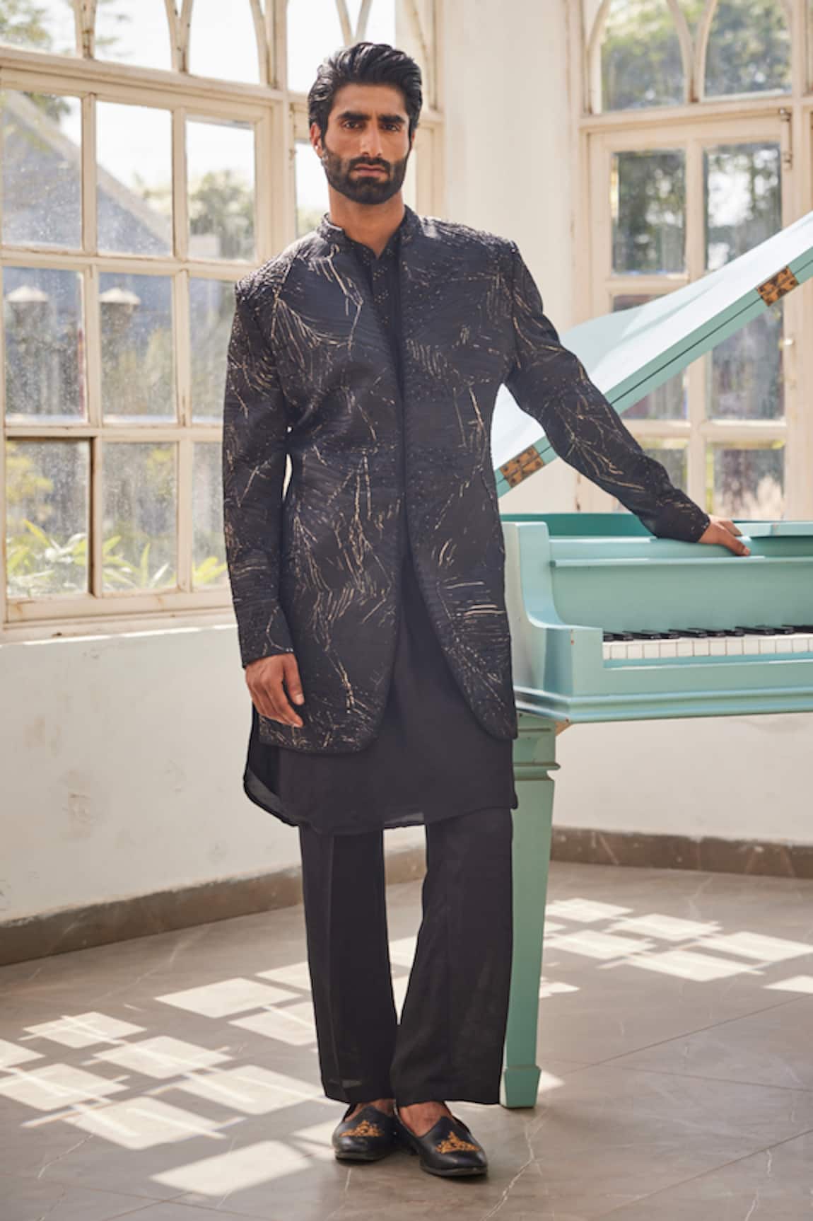 YAJY by Aditya Jain Black & Gold Frozen Twilight Indo-Western Set 
