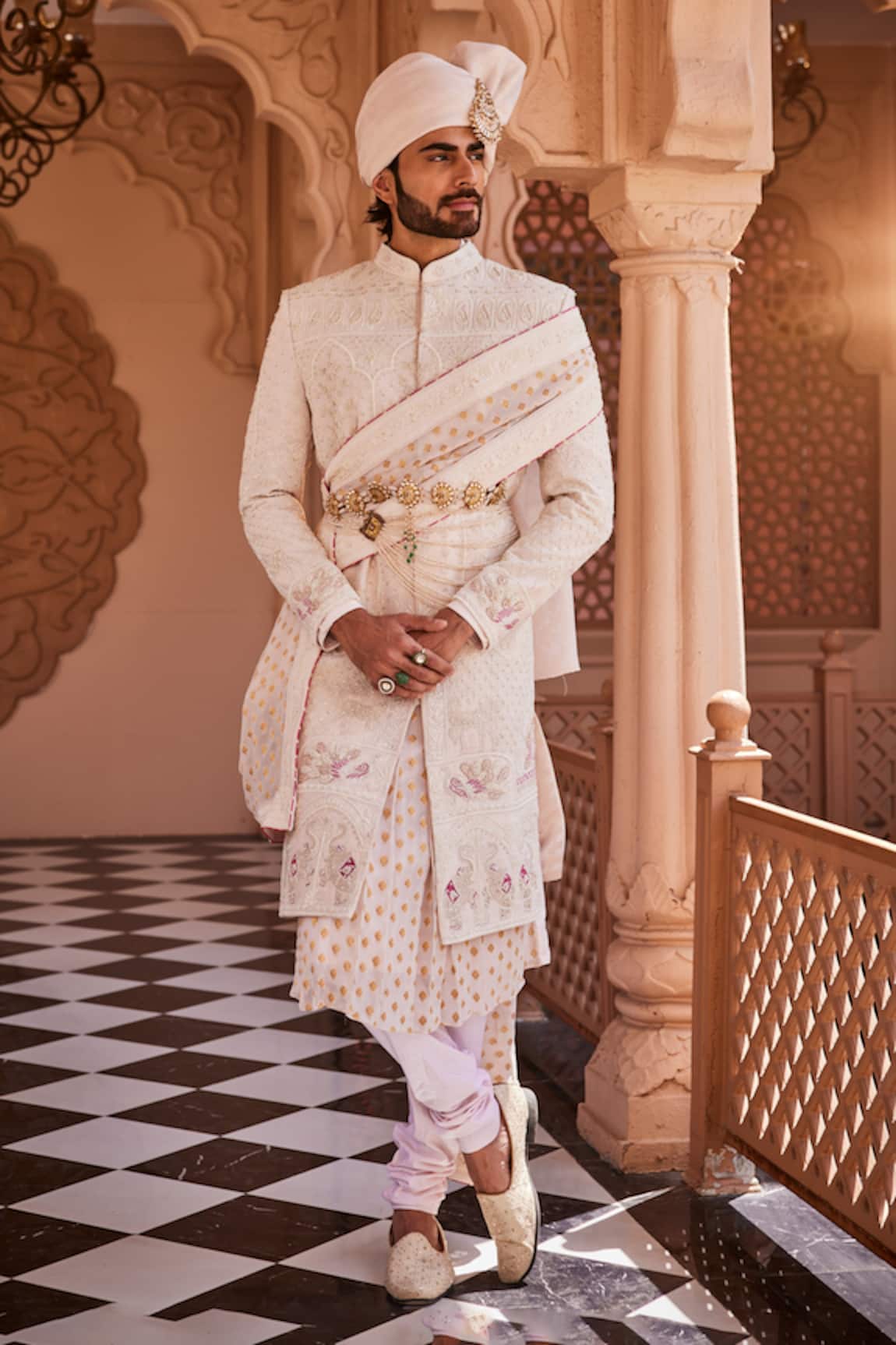 YAJY by Aditya Jain Royal Snowfall Sherwani Set 