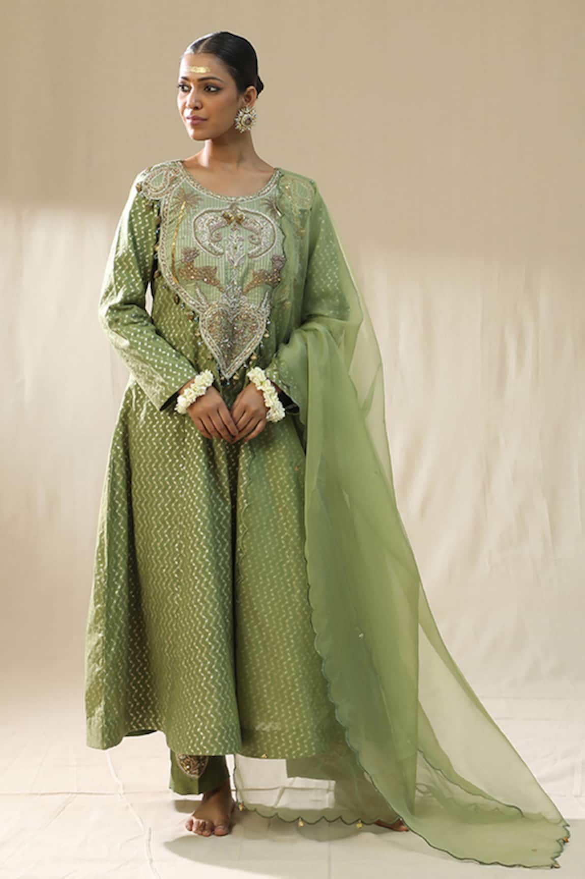 arpita sulakshana Pista Green Chanderi Embroidered Suit Set 