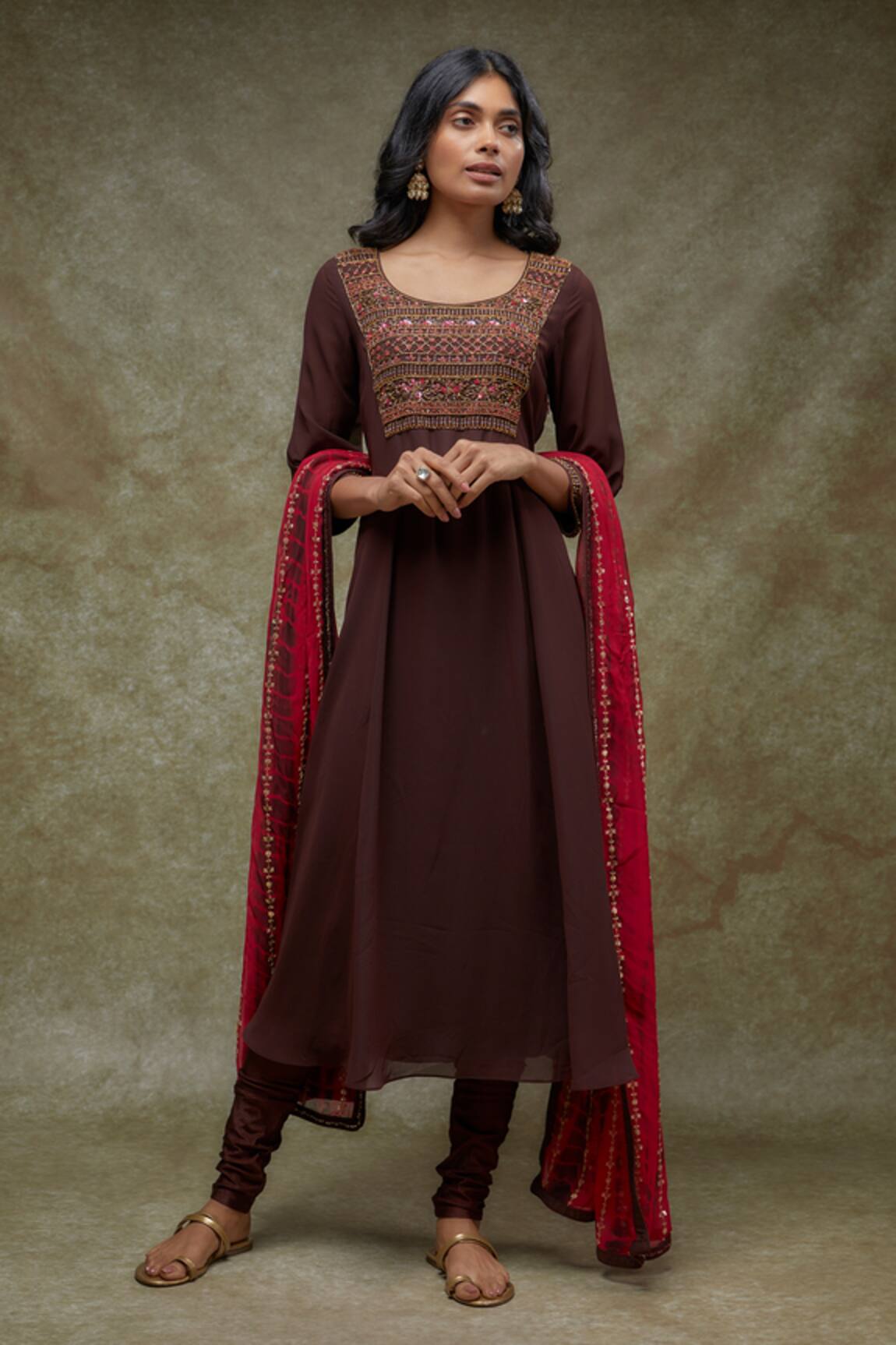 FATIZ Brown Georgette Kurta Set with Dupatta 