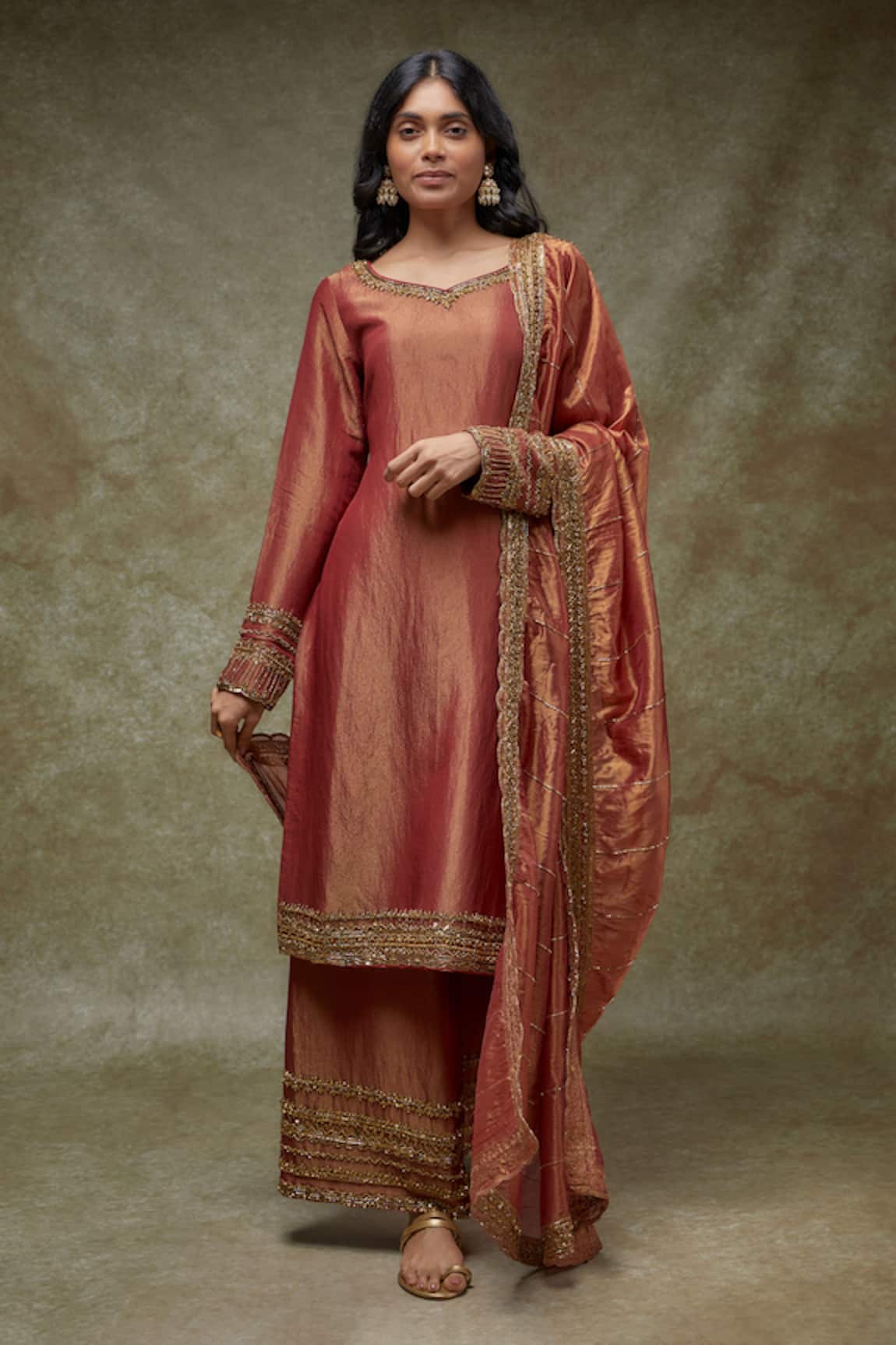 FATIZ Designer Maroon Kurta Palazzo Dupatta Set 