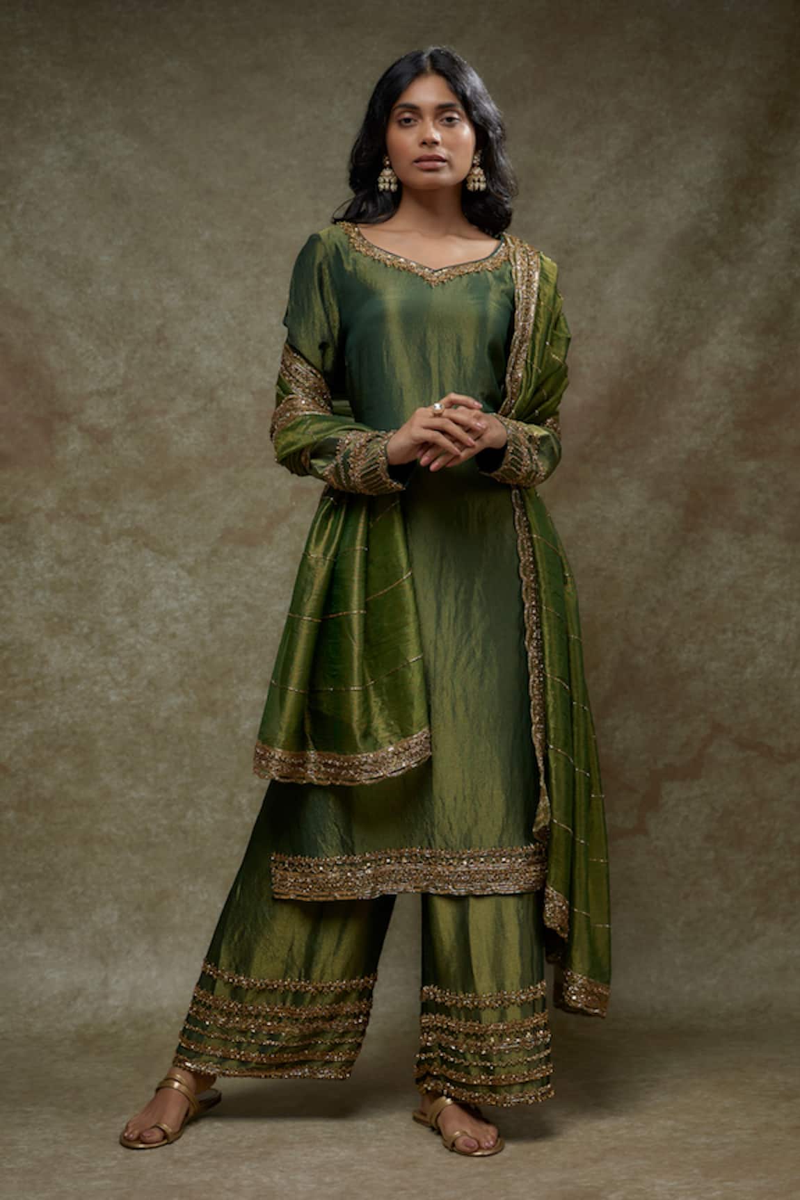 FATIZ Bottle Green Tissue Georgette Kurta Set 