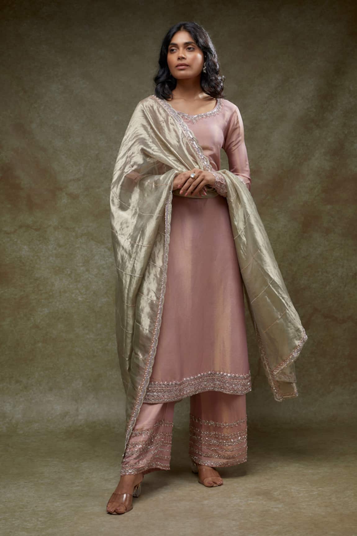 FATIZ Blush Pink Kurta Palazzo Dupatta Set 