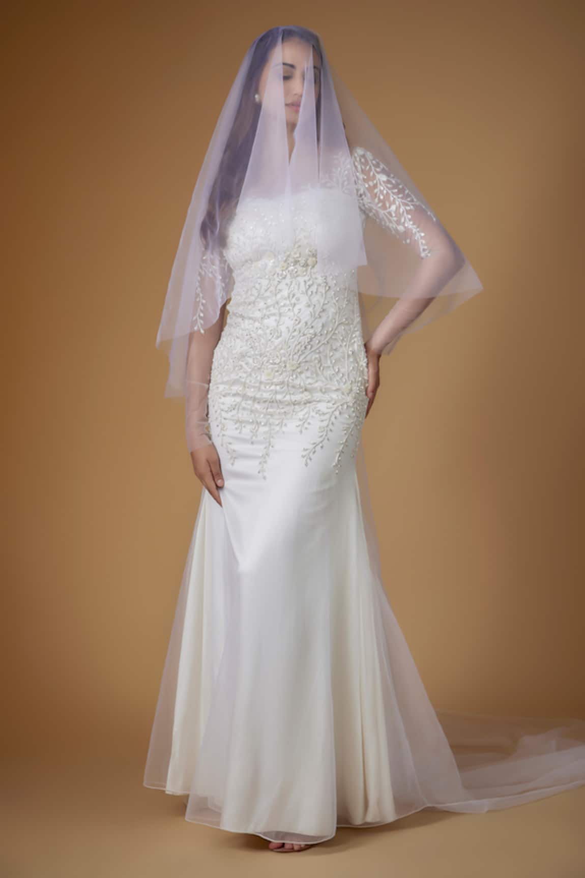 FATIZ Embroidered White Designer Gown With Veil 