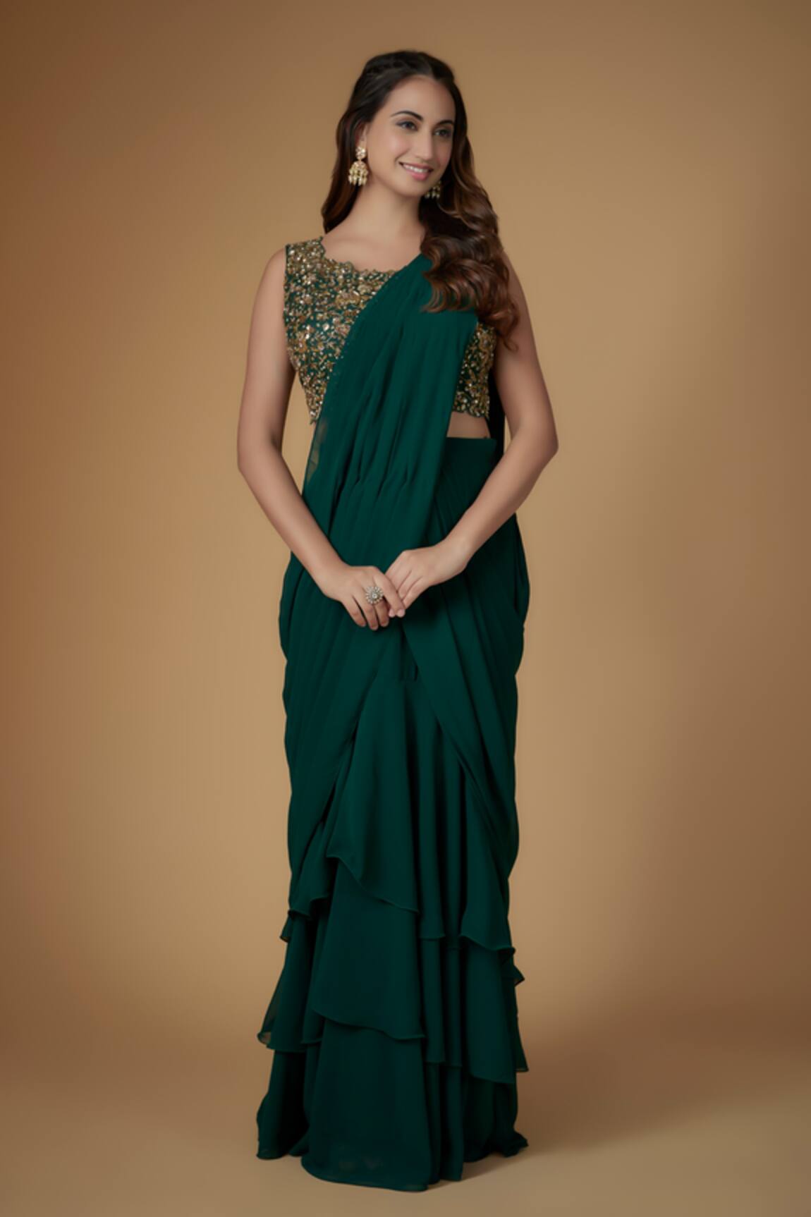 FATIZ Bottle Green Pre-Draped Saree Set 