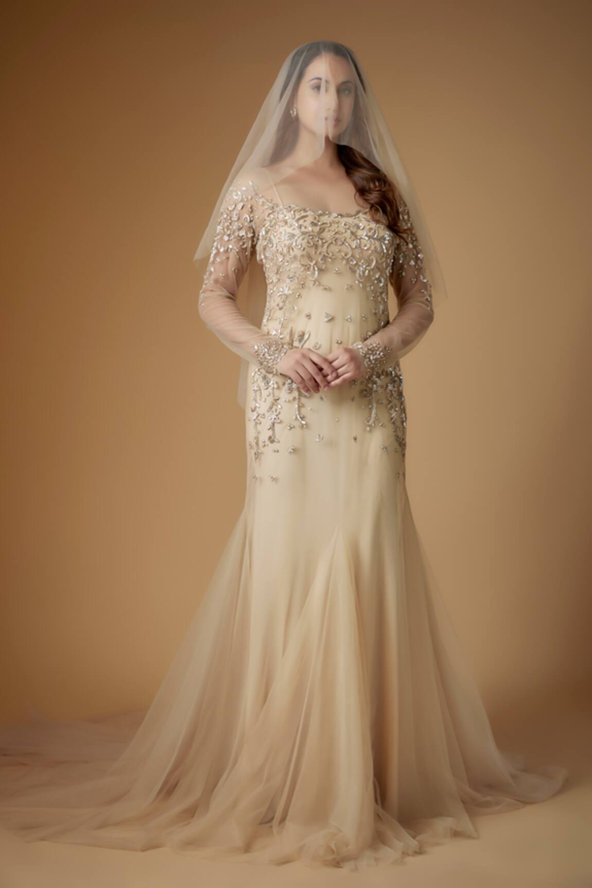 FATIZ Champagne Gold Embroidered Designer Gown 