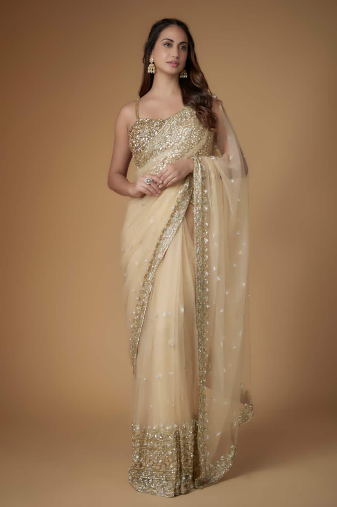 FATIZ Champagne Gold Embellished Saree Set 