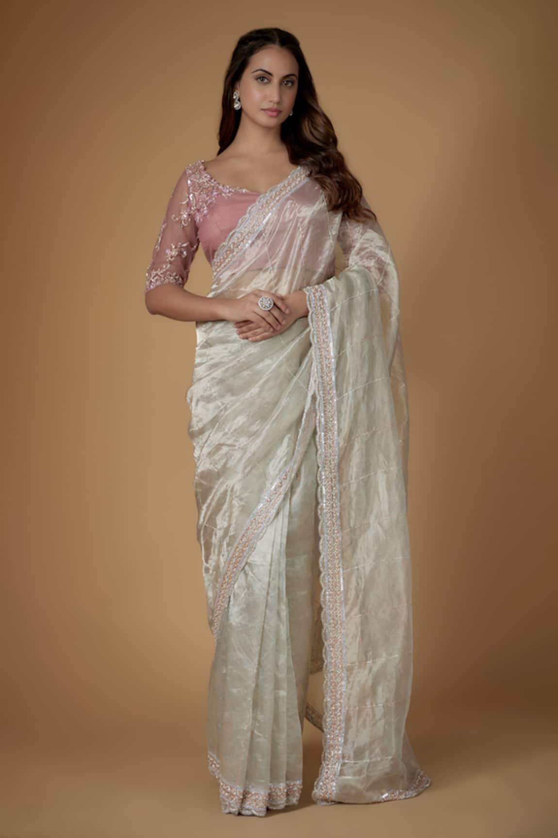 FATIZ Blush Pink & Ivory Designer Saree Set 