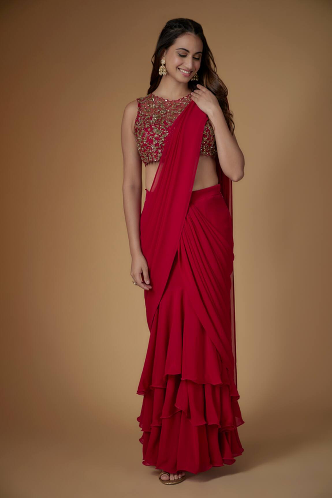 FATIZ Designer Pre-Draped Saree & Blouse Set 