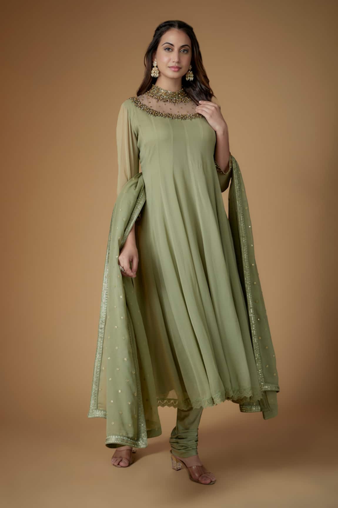 FATIZ Sage Green Georgette Anarkali Set 