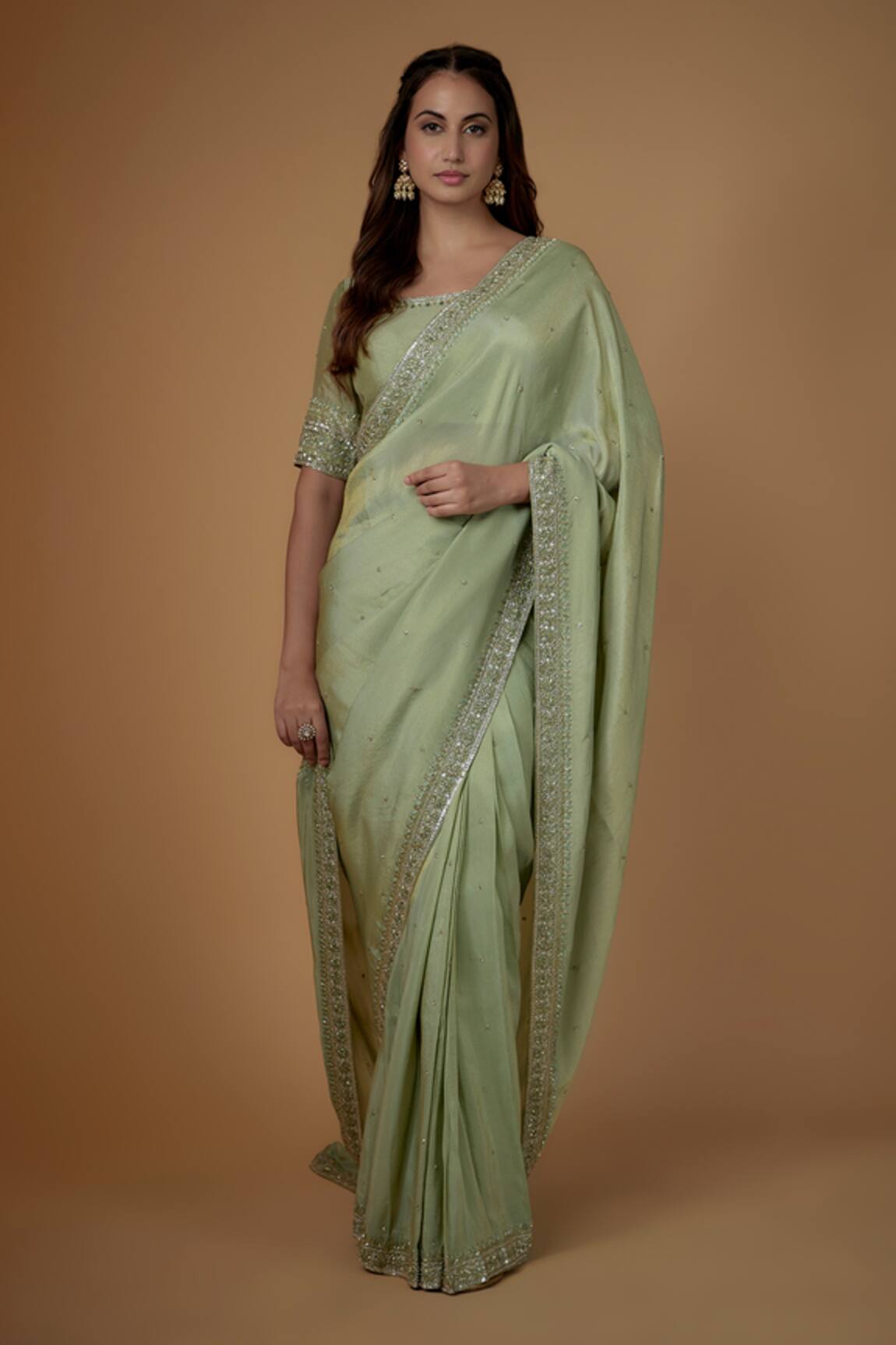 FATIZ Mint Green Tissue Georgette Saree Set 