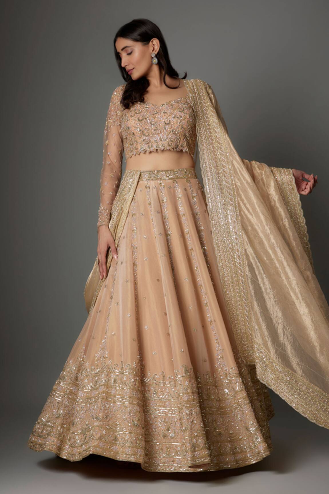 FATIZ Champagne Gold Embroidered Lehenga Set 
