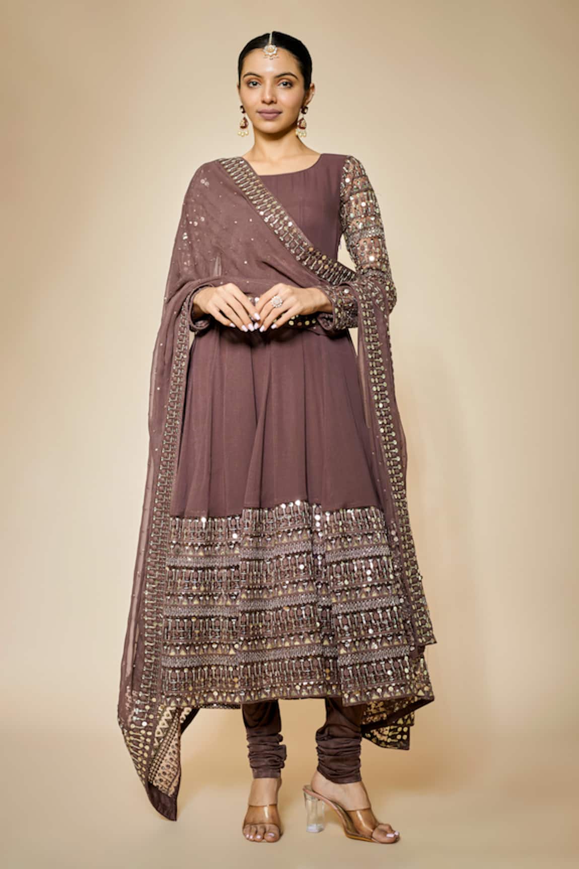 FATIZ Mauve Brown Anarkali Set with Leggings & Dupatta 