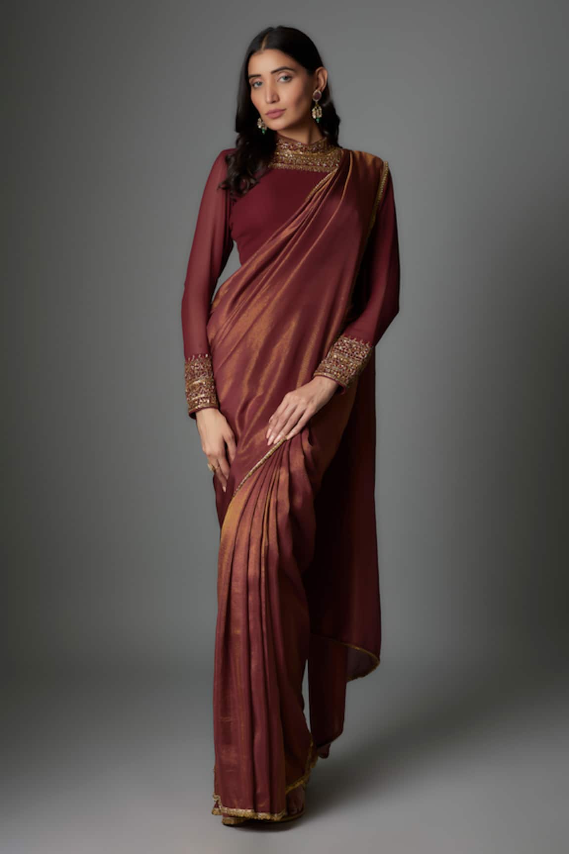 FATIZ Maroon Designer Pre-Draped Saree Set 