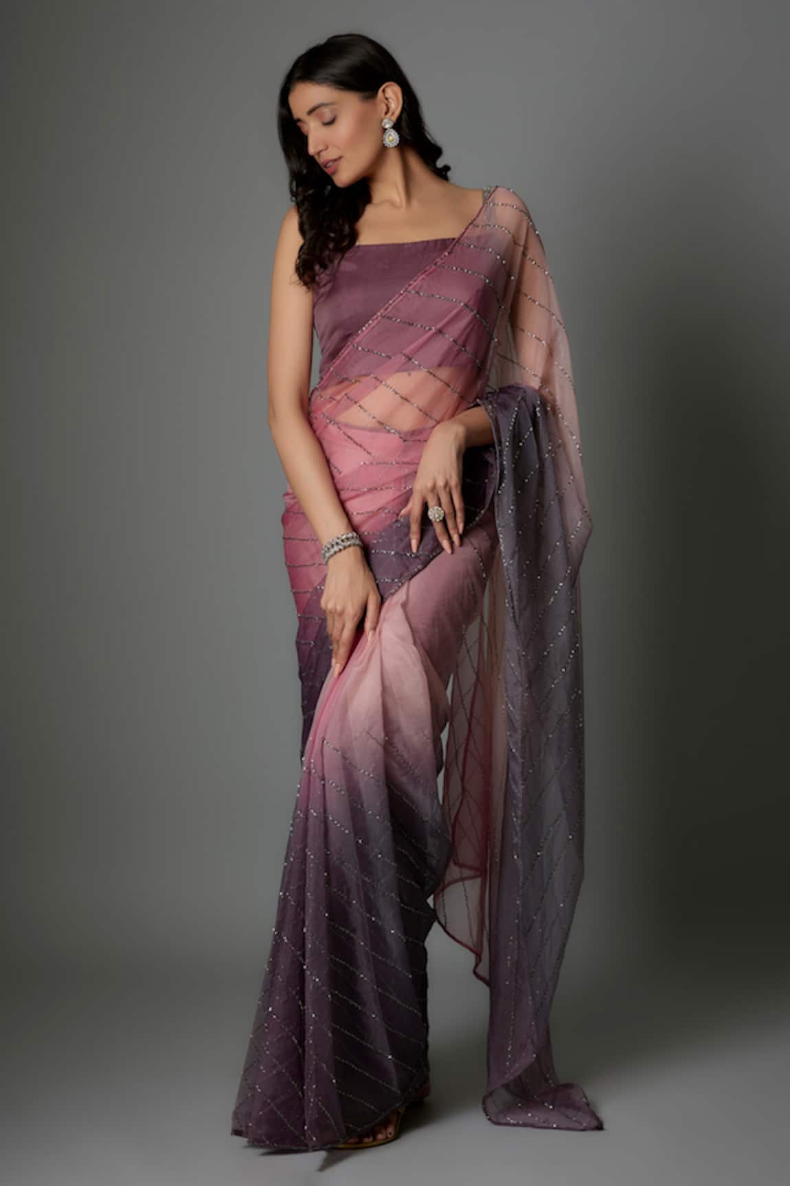 FATIZ Purple Crystal Organza Designer Saree Set 
