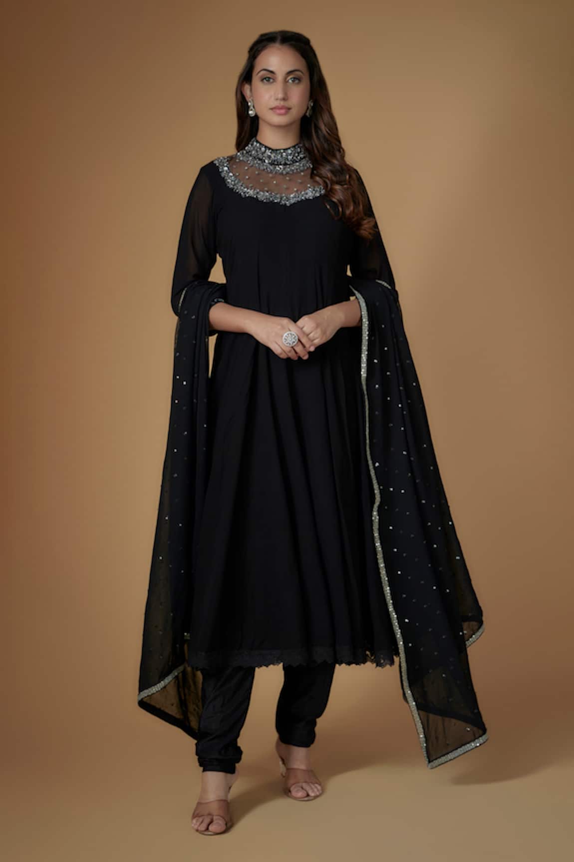 FATIZ Black Georgette Anarkali Set 