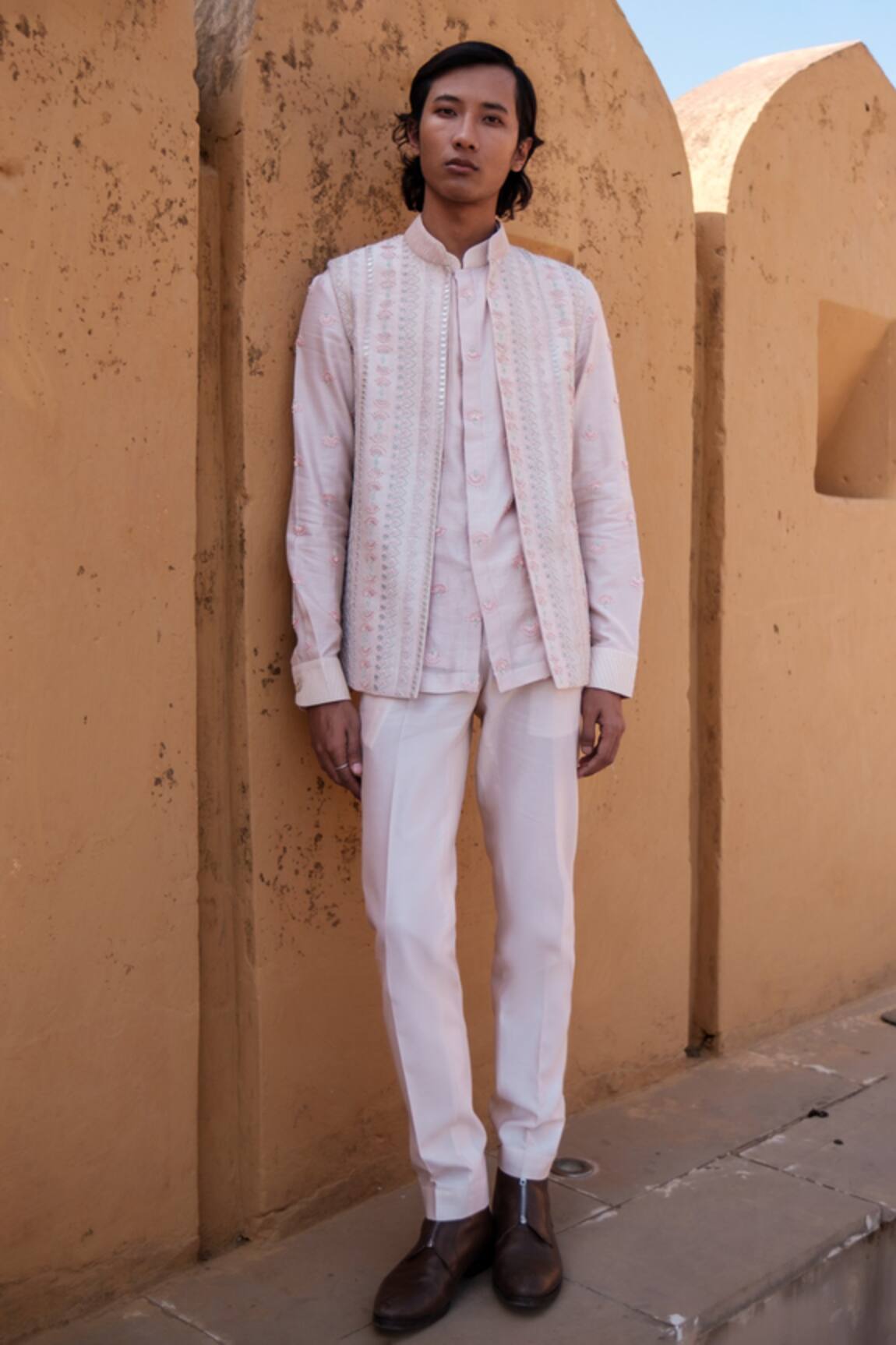 Amaare Beige Chanderi Bliss Nehru Jacket Set 