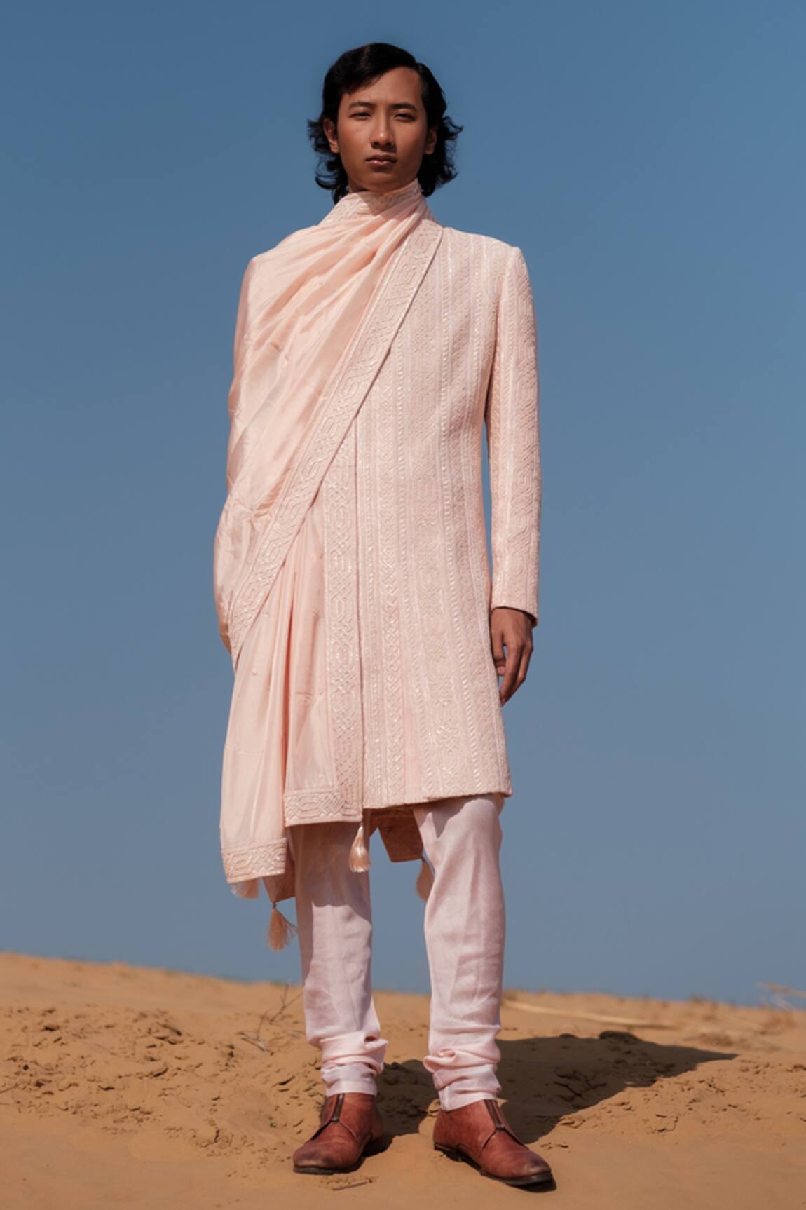 Amaare Cuban Link Peachy Pink Sherwani Set 