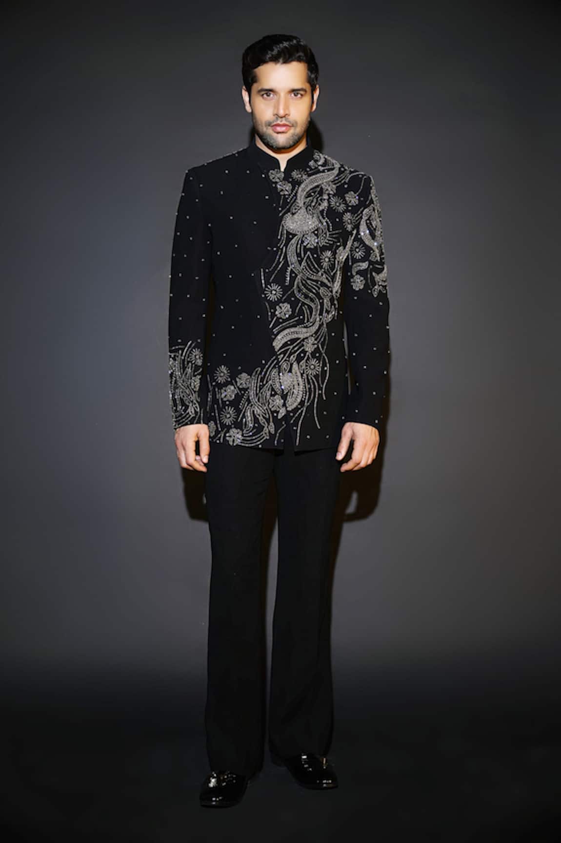 Courtyard By Abhi Black Japanese Lycra Bandhgala Set 
