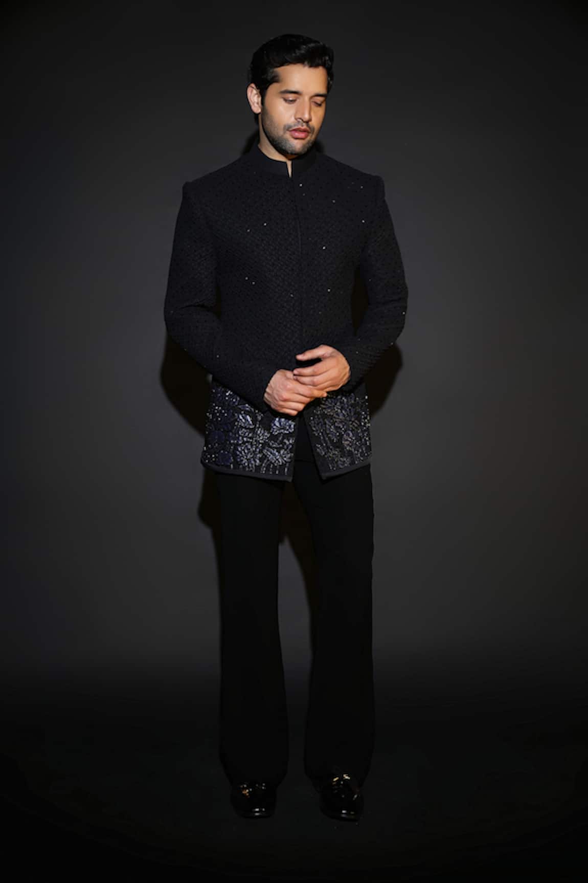Courtyard By Abhi Black Handcrafted Bandhgala Set 
